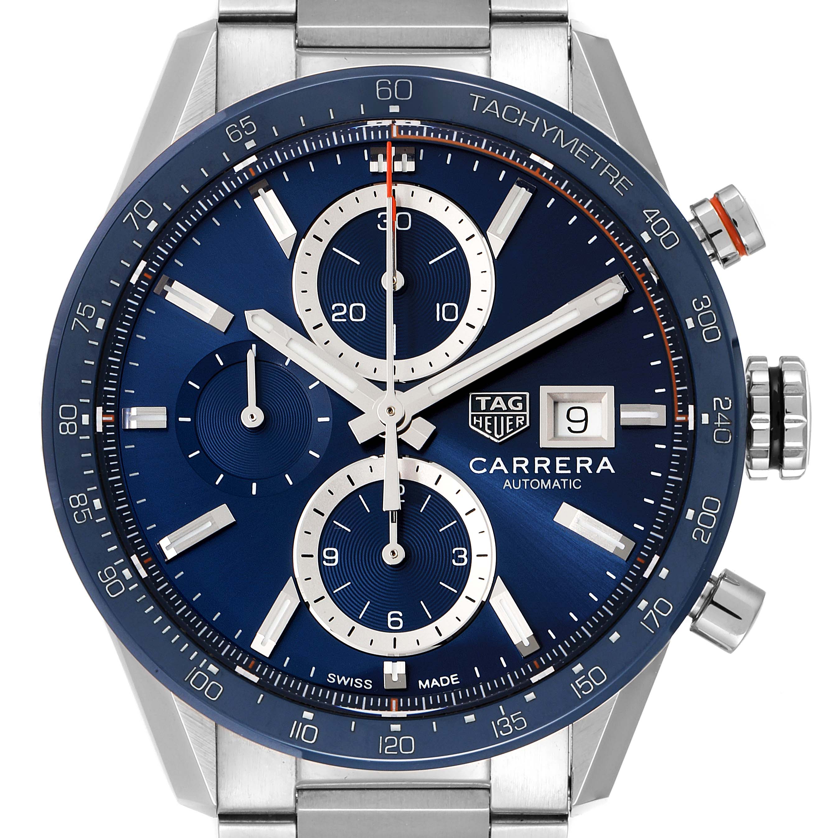The image is a frontal view of a Tag Heuer Carrera CBM2112.BA0651 Men's Stainless Steel Blue Dial CBM2112.BA0651 Men's Stainless Steel Blue Dial watch showing its blue dial, chronograph subdials, tachymeter scale, and date display.