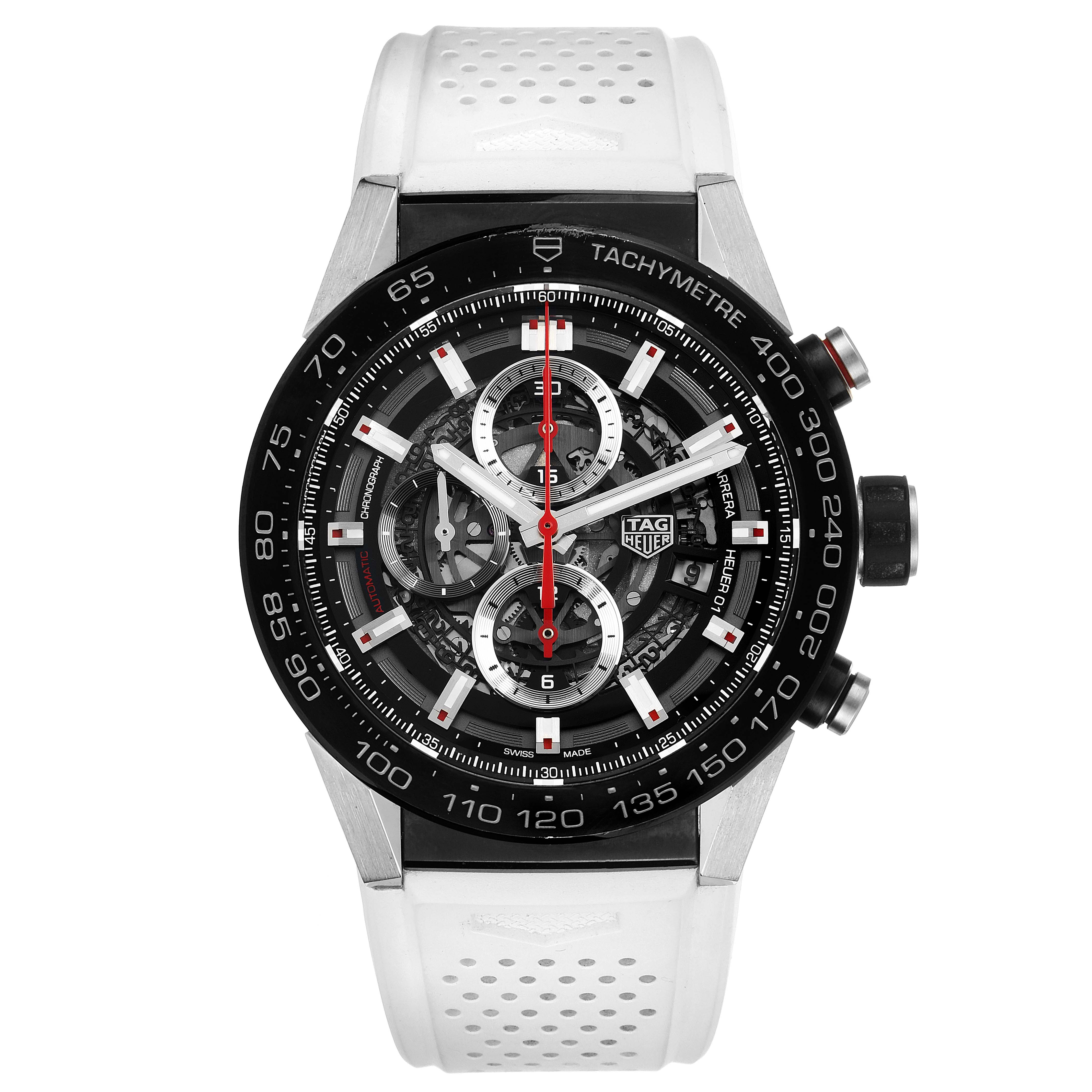 The Tag Heuer Carrera CAR2A1Z.FT6051 Men
s Stainless Steel Black Dial CAR2A1Z.FT6051 Men
s Stainless Steel Black Dial watch is shown from a front angle, displaying its face, bezel, dial, and white perforated strap.
