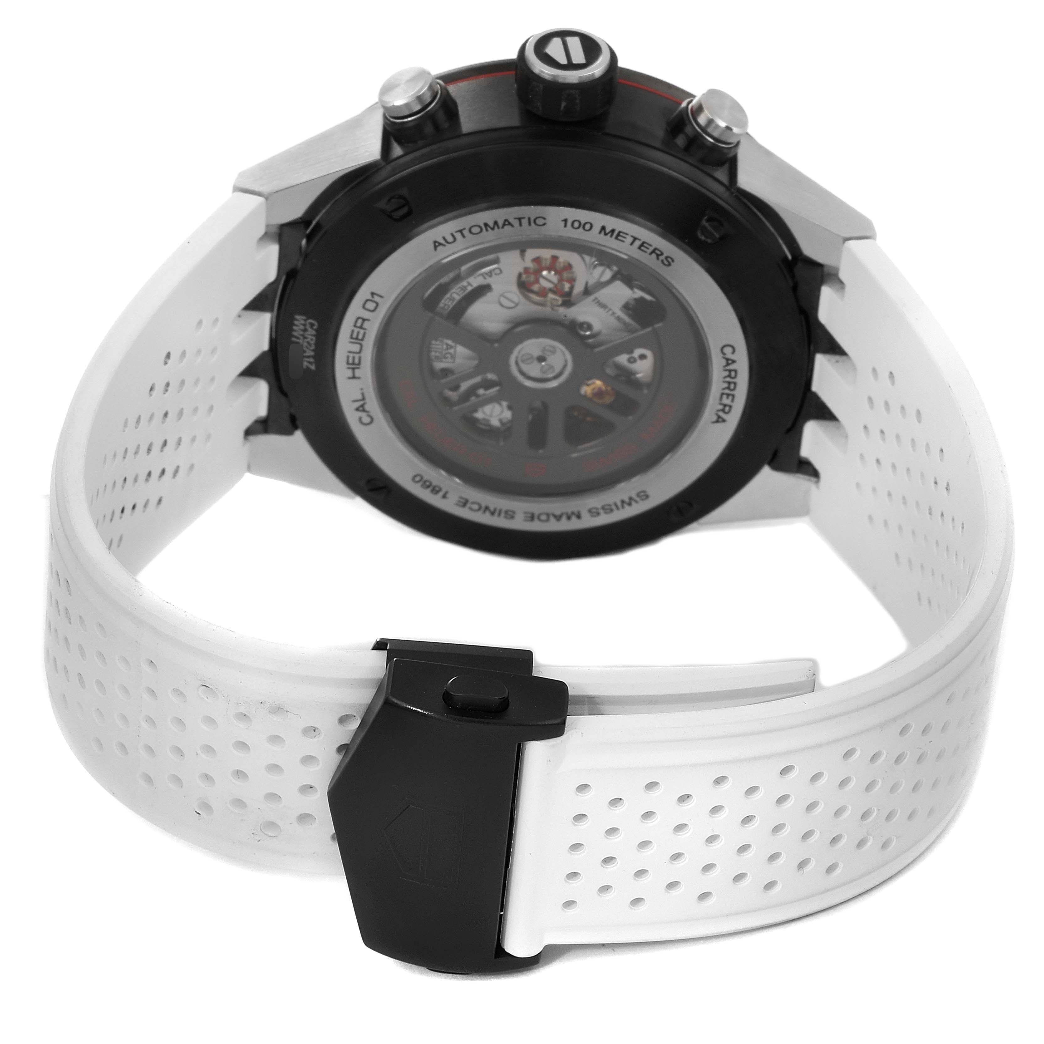 The image shows the back case and white perforated strap of a Tag Heuer Carrera CAR2A1Z.FT6051 Men
s Stainless Steel Black Dial CAR2A1Z.FT6051 Men
s Stainless Steel Black Dial watch.