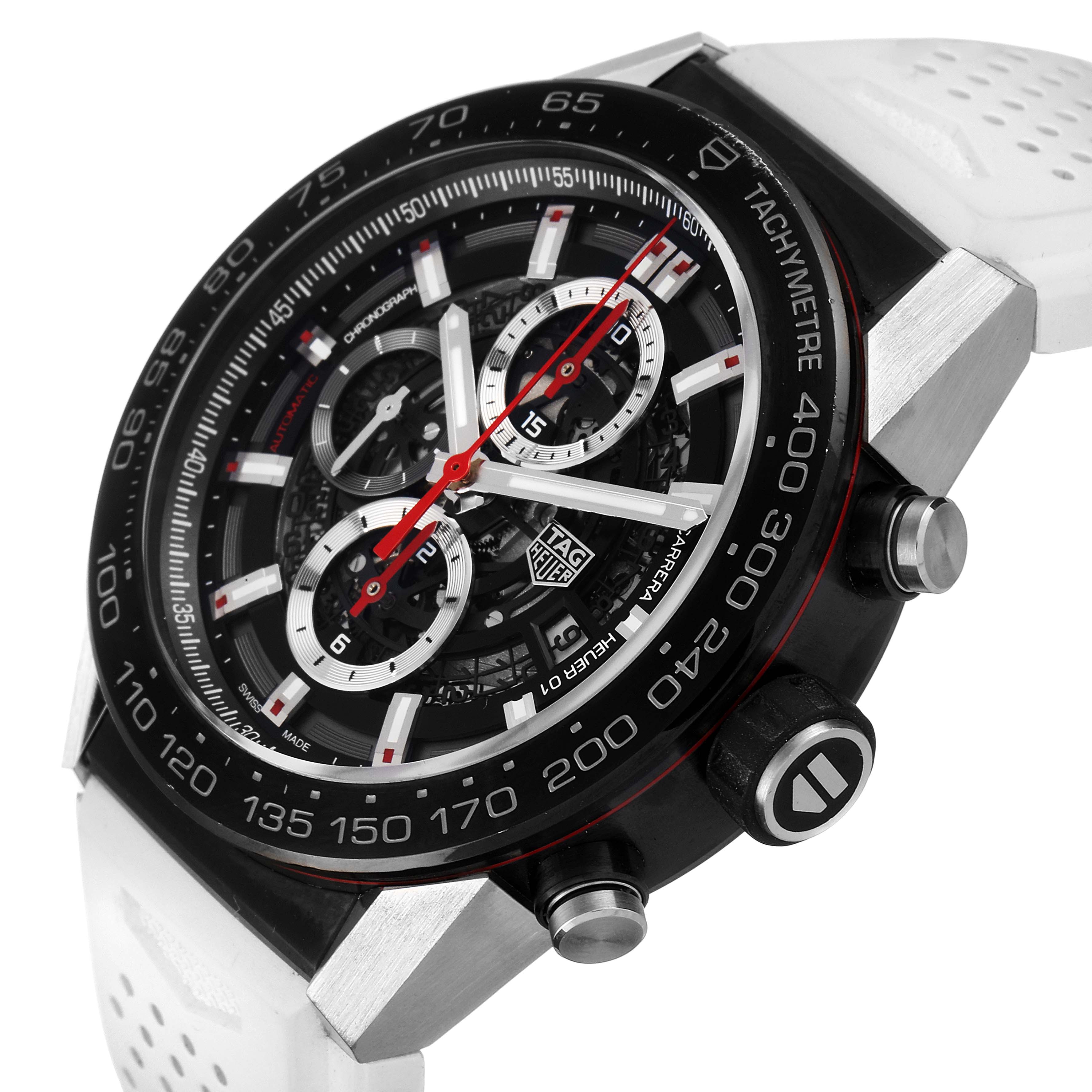 The Tag Heuer Carrera CAR2A1Z.FT6051 Men
s Stainless Steel Black Dial CAR2A1Z.FT6051 Men
s Stainless Steel Black Dial watch is shown at an angled view, highlighting its face, tachymeter scale, and white strap.