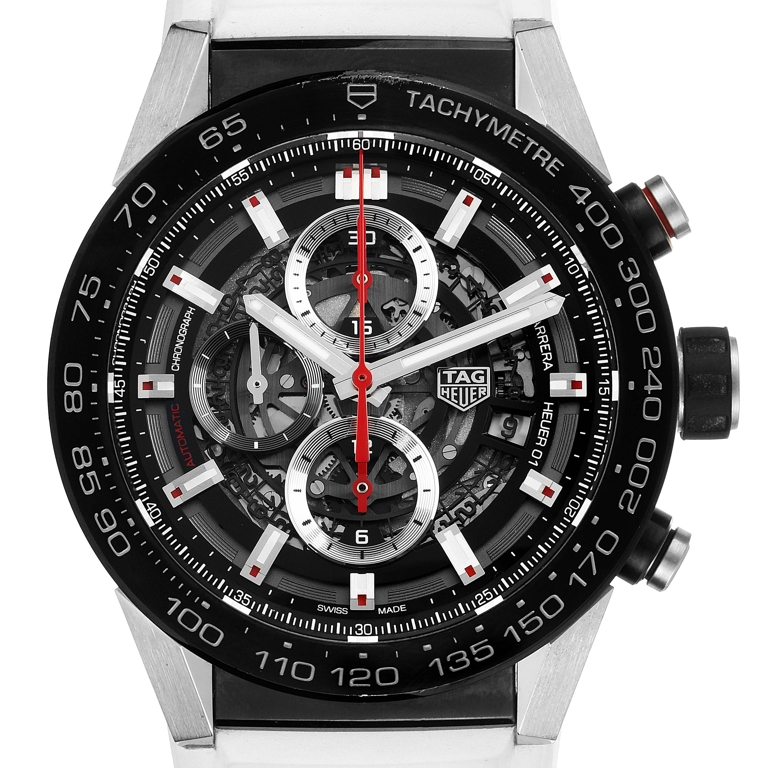 The image shows a front view of a Tag Heuer Carrera CAR2A1Z.FT6051 Men
s Stainless Steel Black Dial CAR2A1Z.FT6051 Men
s Stainless Steel Black Dial watch, highlighting its dial, hands, subdials, and tachymeter bezel.