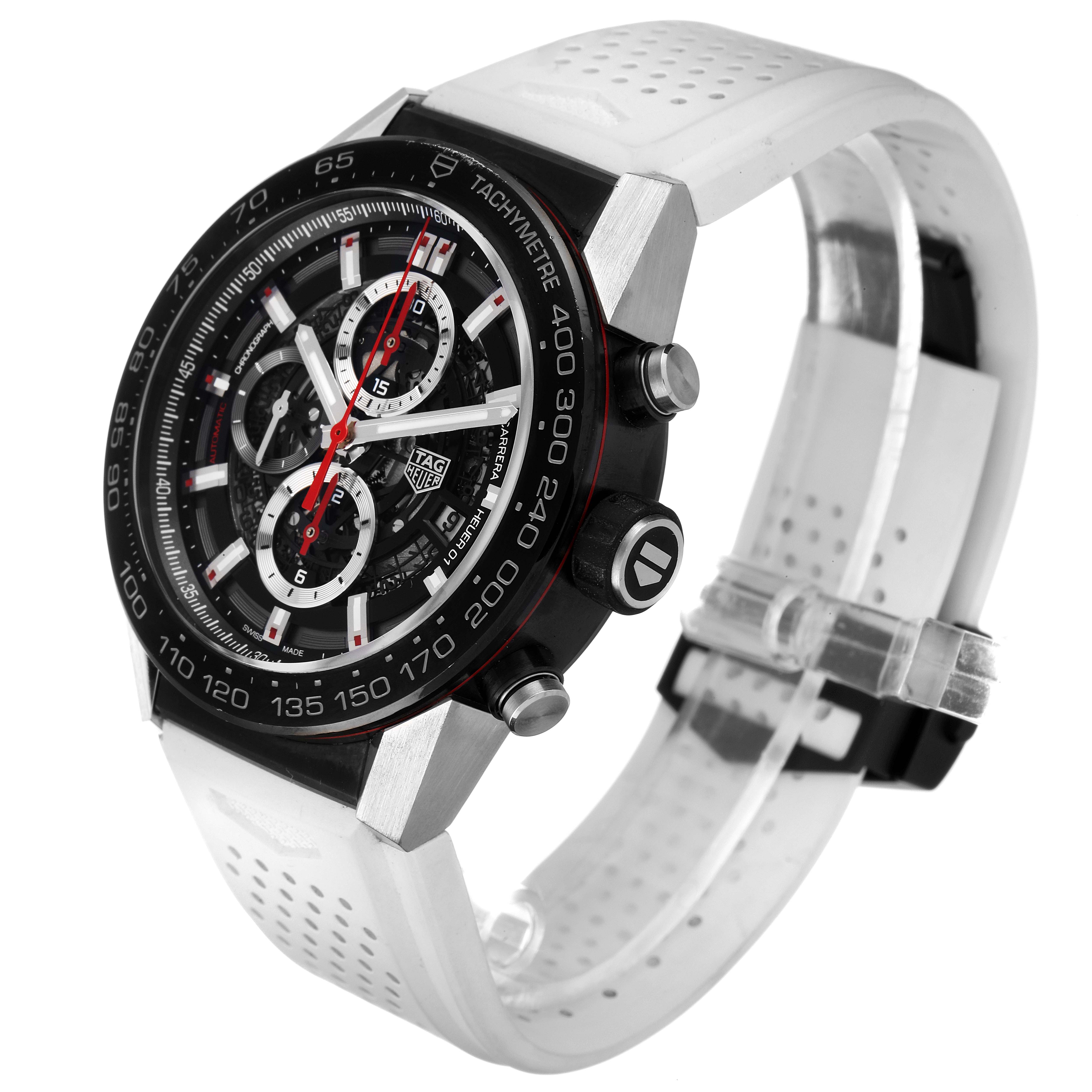 The Tag Heuer Carrera CAR2A1Z.FT6051 Men
s Stainless Steel Black Dial CAR2A1Z.FT6051 Men
s Stainless Steel Black Dial watch is shown at an angle highlighting its face, chronographs, bezel, crown, and perforated strap.