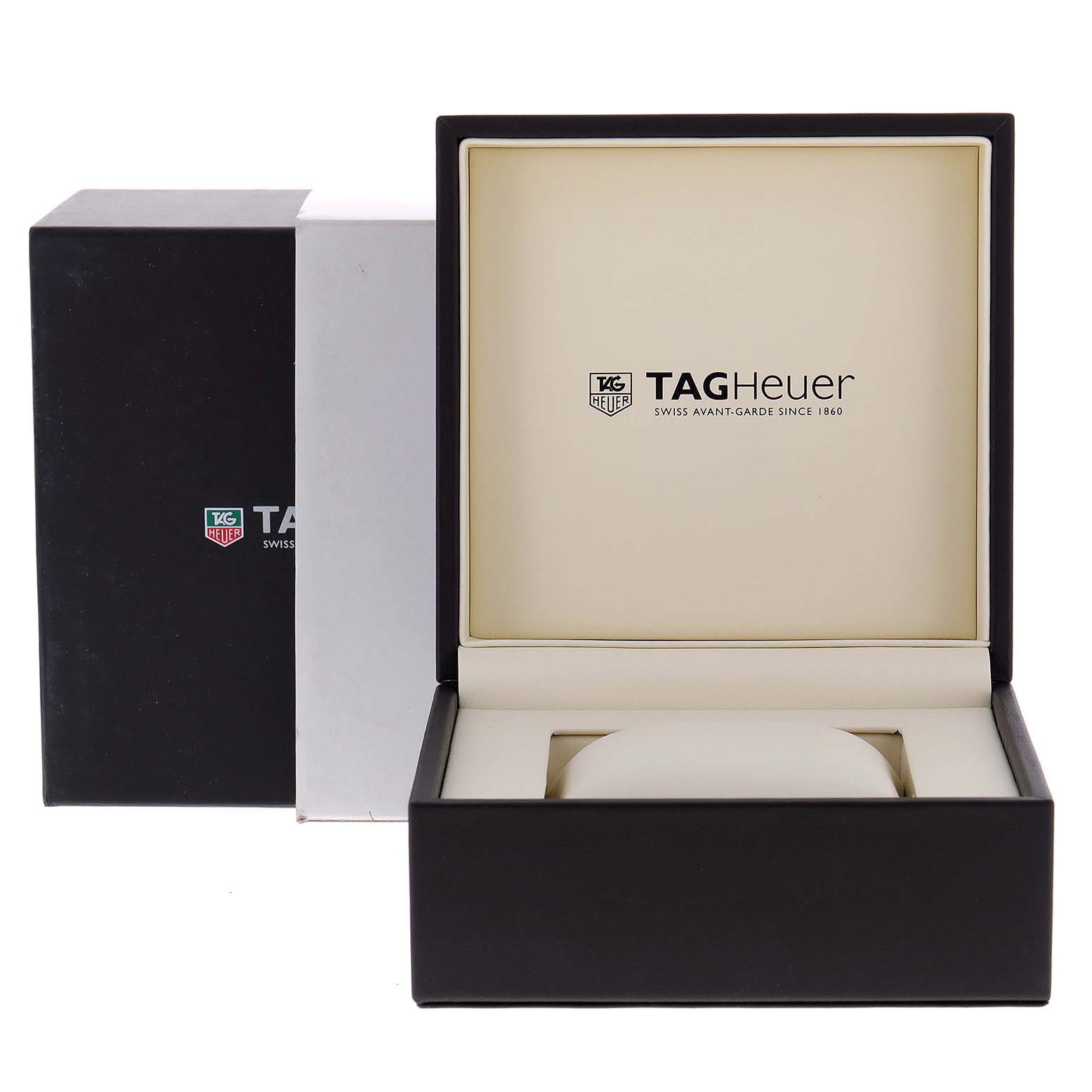 The image shows the packaging and open box for the Carrera model by Tag Heuer, with the inner cushion for the watch.
