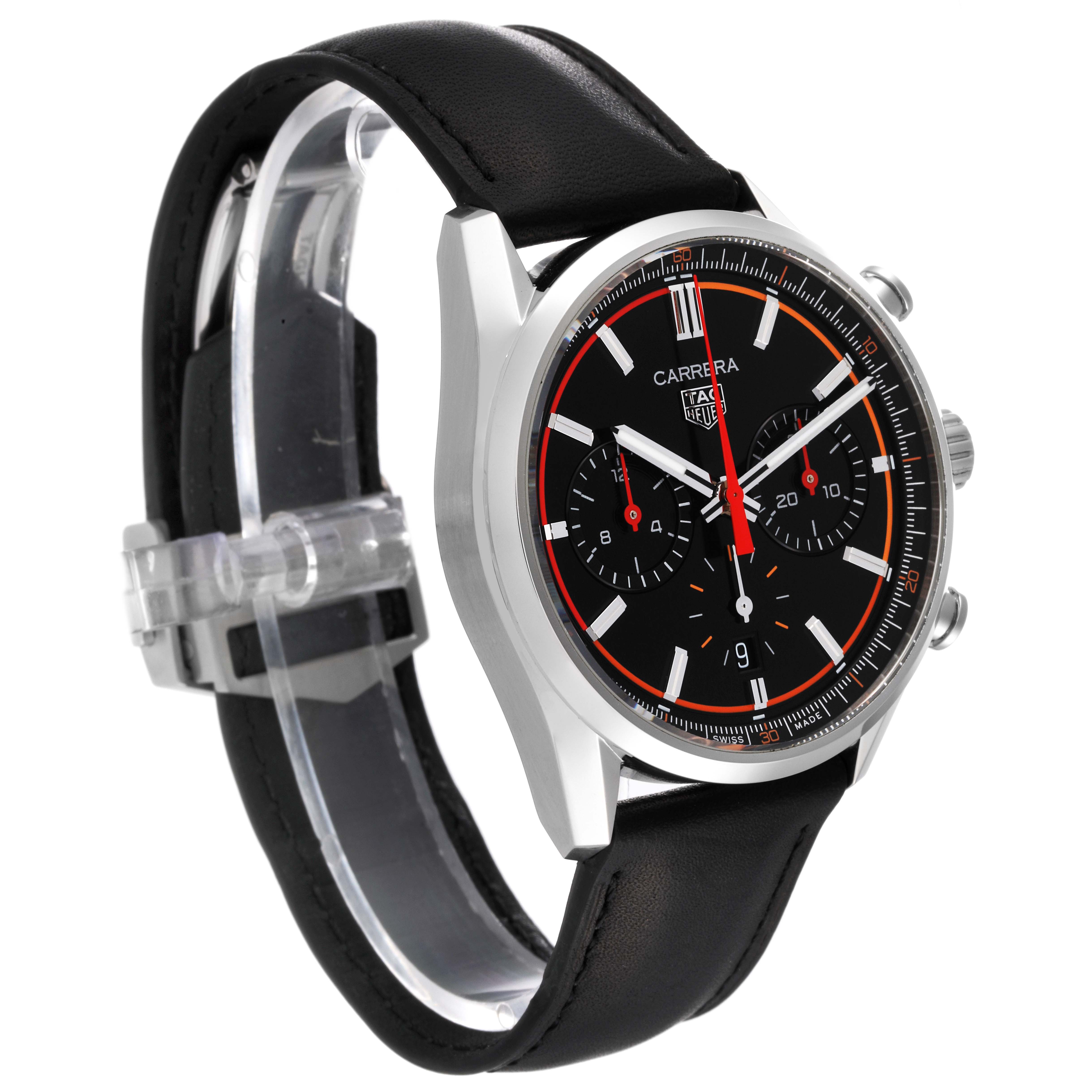 The Tag Heuer Carrera CBN201C Men
s Stainless Steel Black Dial watch is shown at a slight angle, displaying the face, case, strap, and crown.