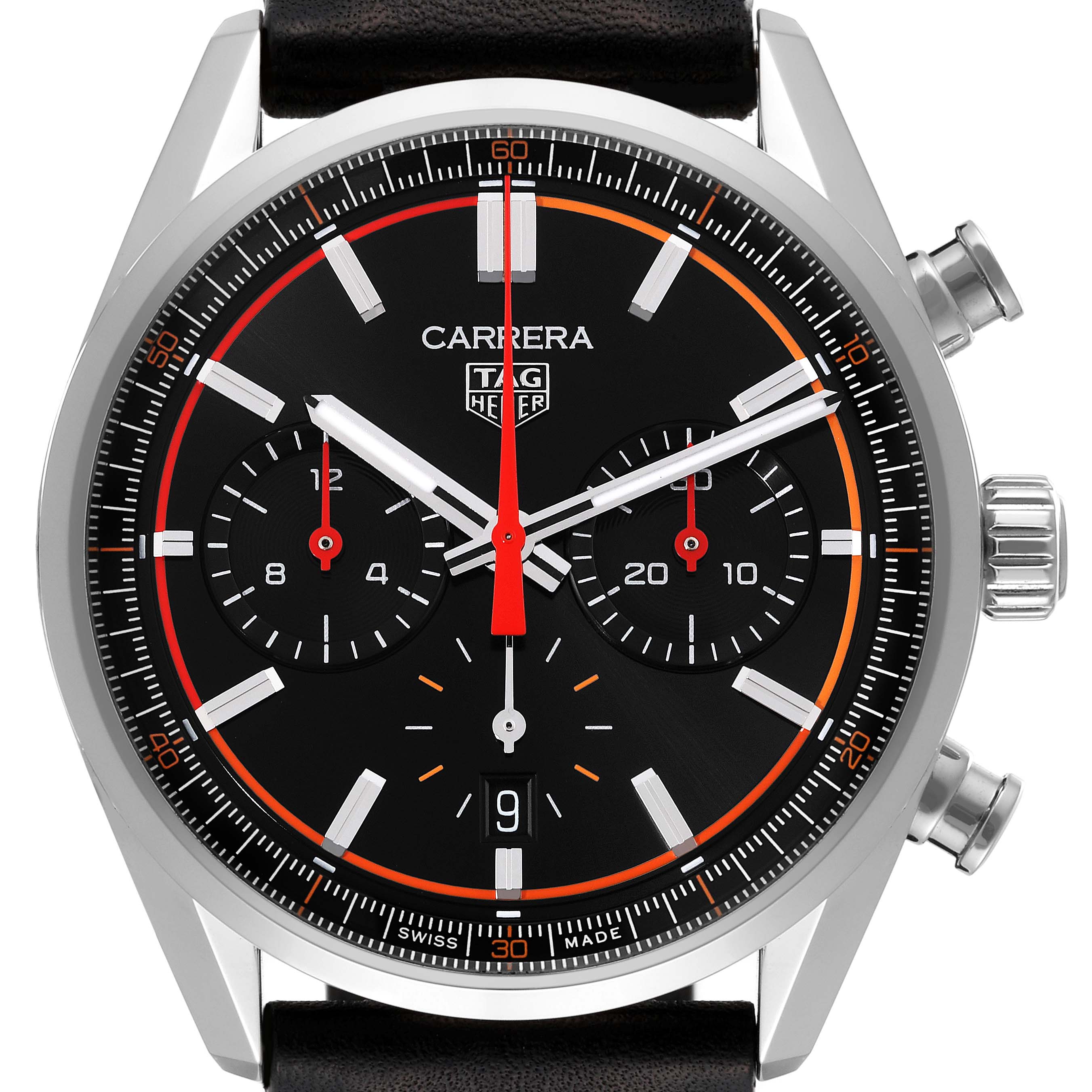 The Tag Heuer Carrera CBN201C Men
s Stainless Steel Black Dial watch is shown from the front, highlighting the dial, subdials, hands, crown, and pushers.