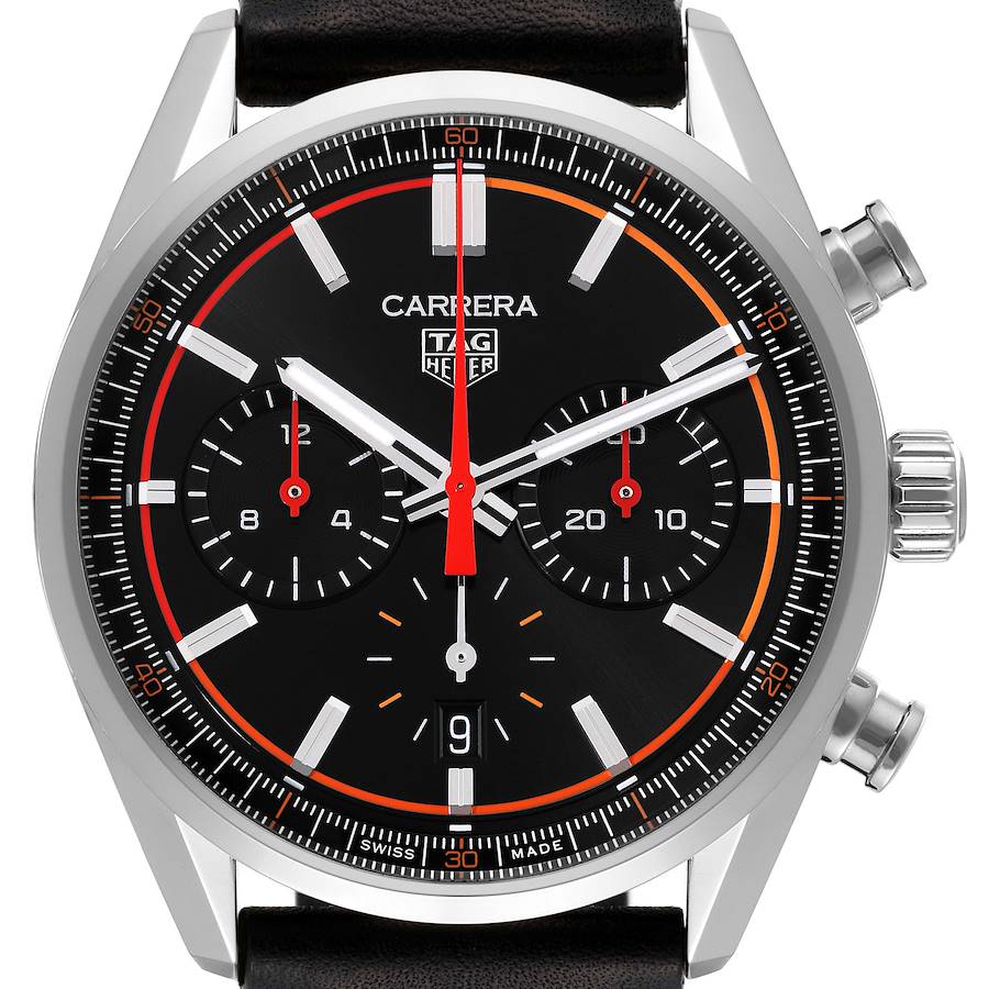 The image shows a frontal view of the Tag Heuer Carrera model CBN201C men's watch, highlighting the dial, chronograph subdials, and pushers.