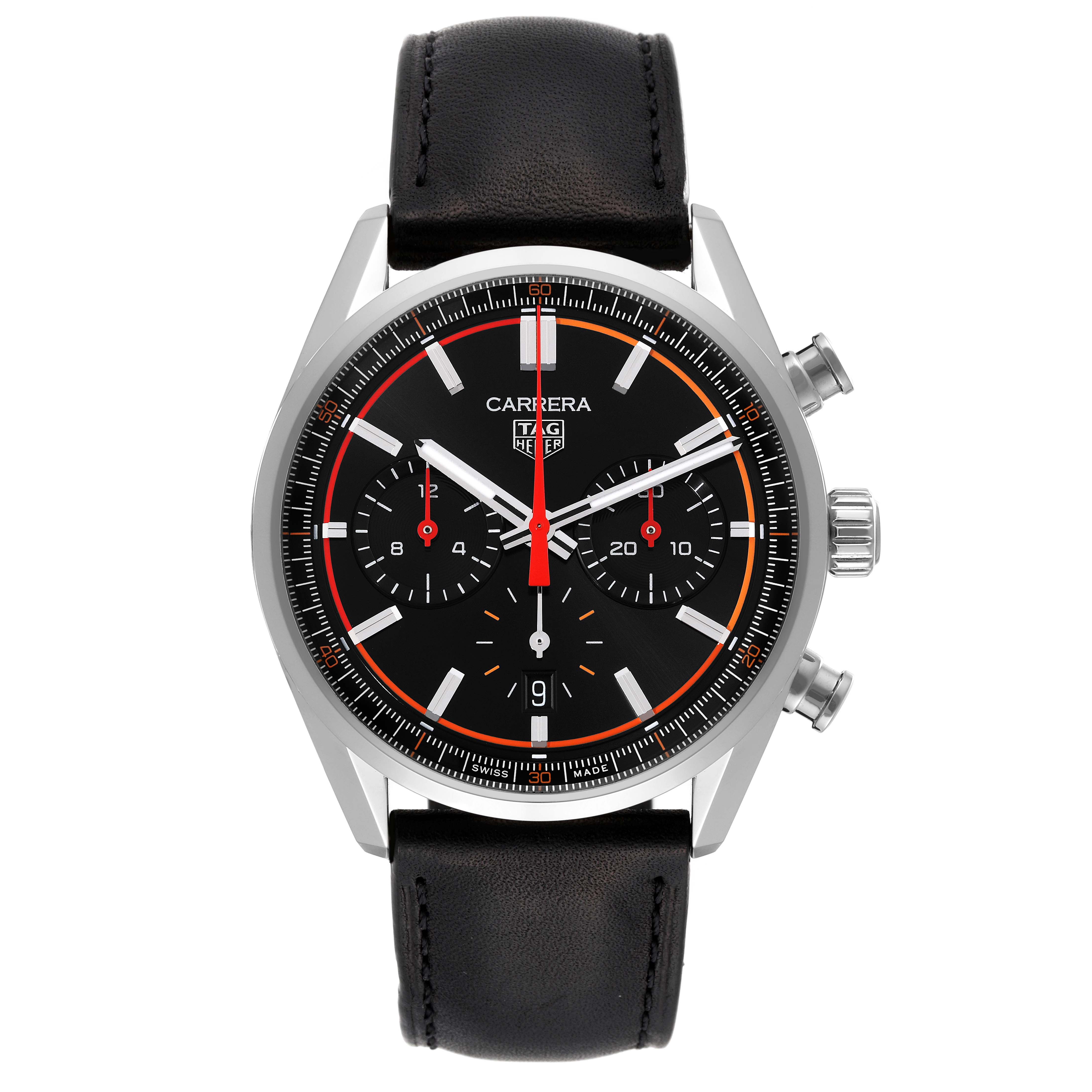 The Tag Heuer Carrera CBN201C Men
s Stainless Steel Black Dial watch is shown from a straight-on angle, displaying the dial, subdials, and crown on the right side.