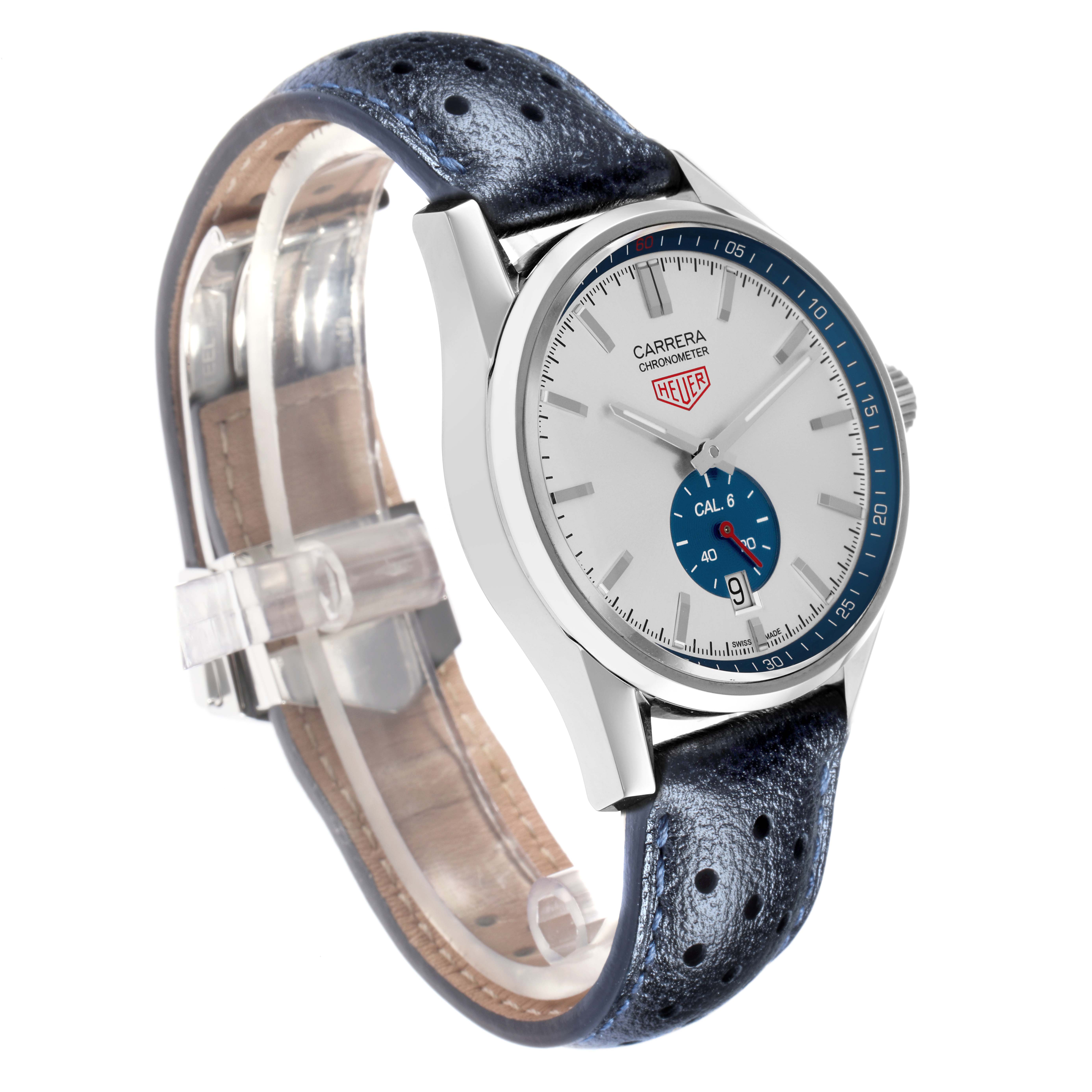 The Tag Heuer Carrera WV5111.FFC6350 Men
s Stainless Steel Silver Dial watch is shown at a three-quarter angle, displaying the face, bezel, and perforated navy strap.