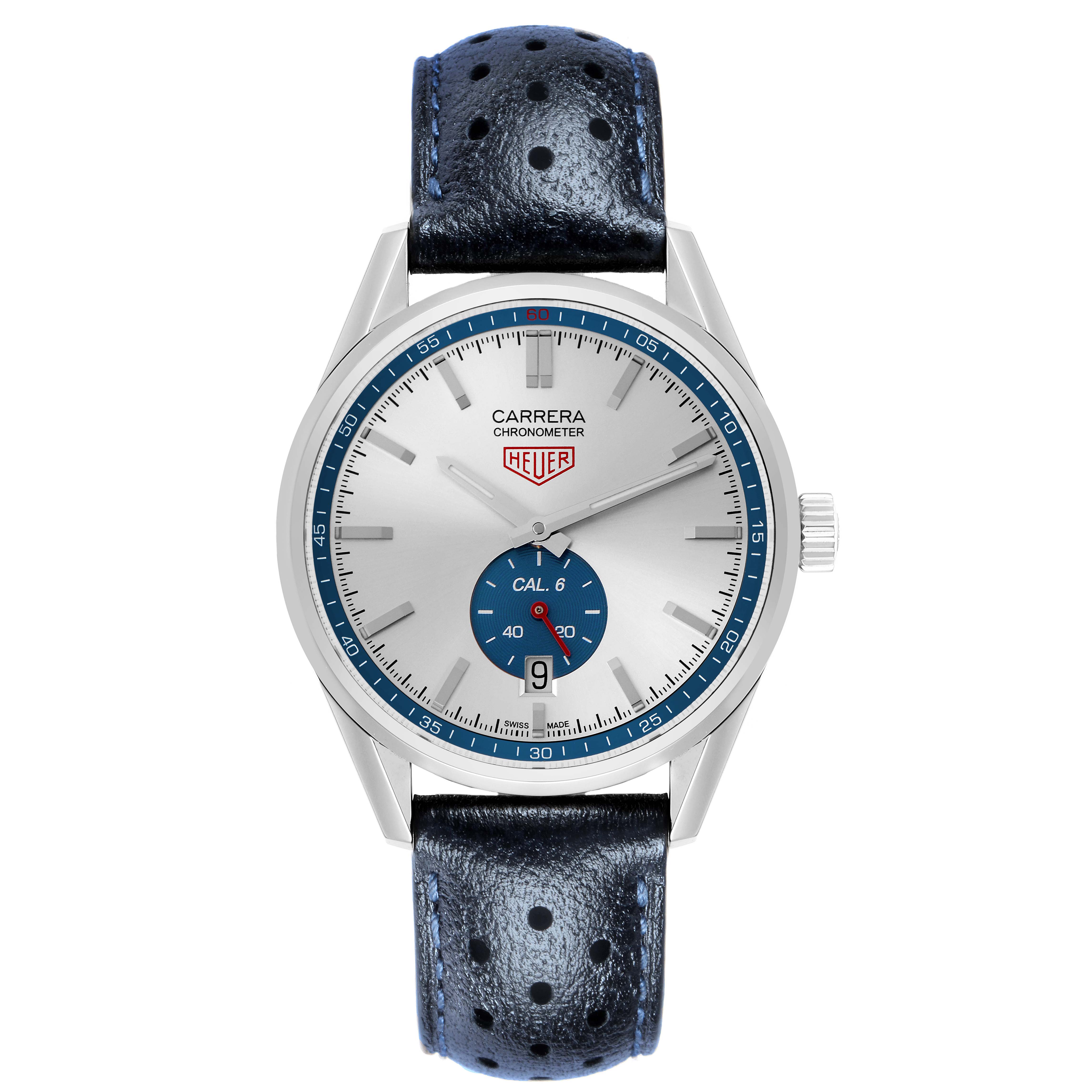 The Tag Heuer Carrera WV5111.FFC6350 Men
s Stainless Steel Silver Dial watch is shown from a front view, highlighting the dial, subdial, bezel, and leather strap.