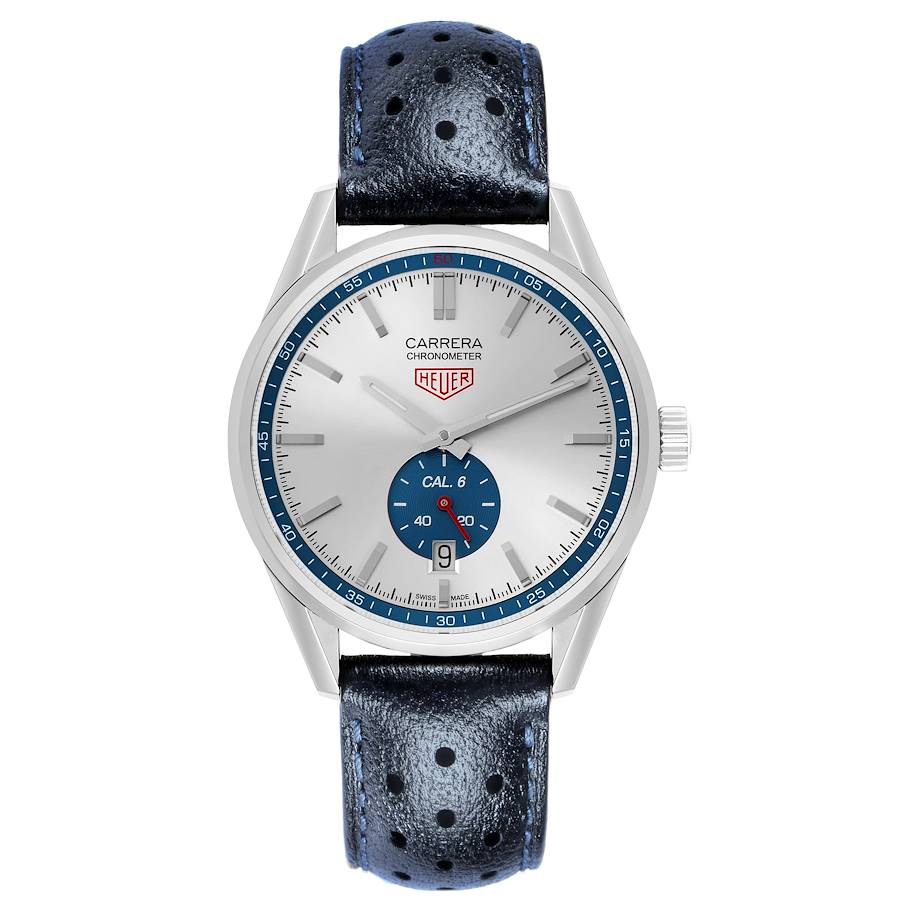 The Tag Heuer Carrera WV5111.FFC6350 watch is shown from the front, highlighting its dial, hands, markers, and perforated leather strap.