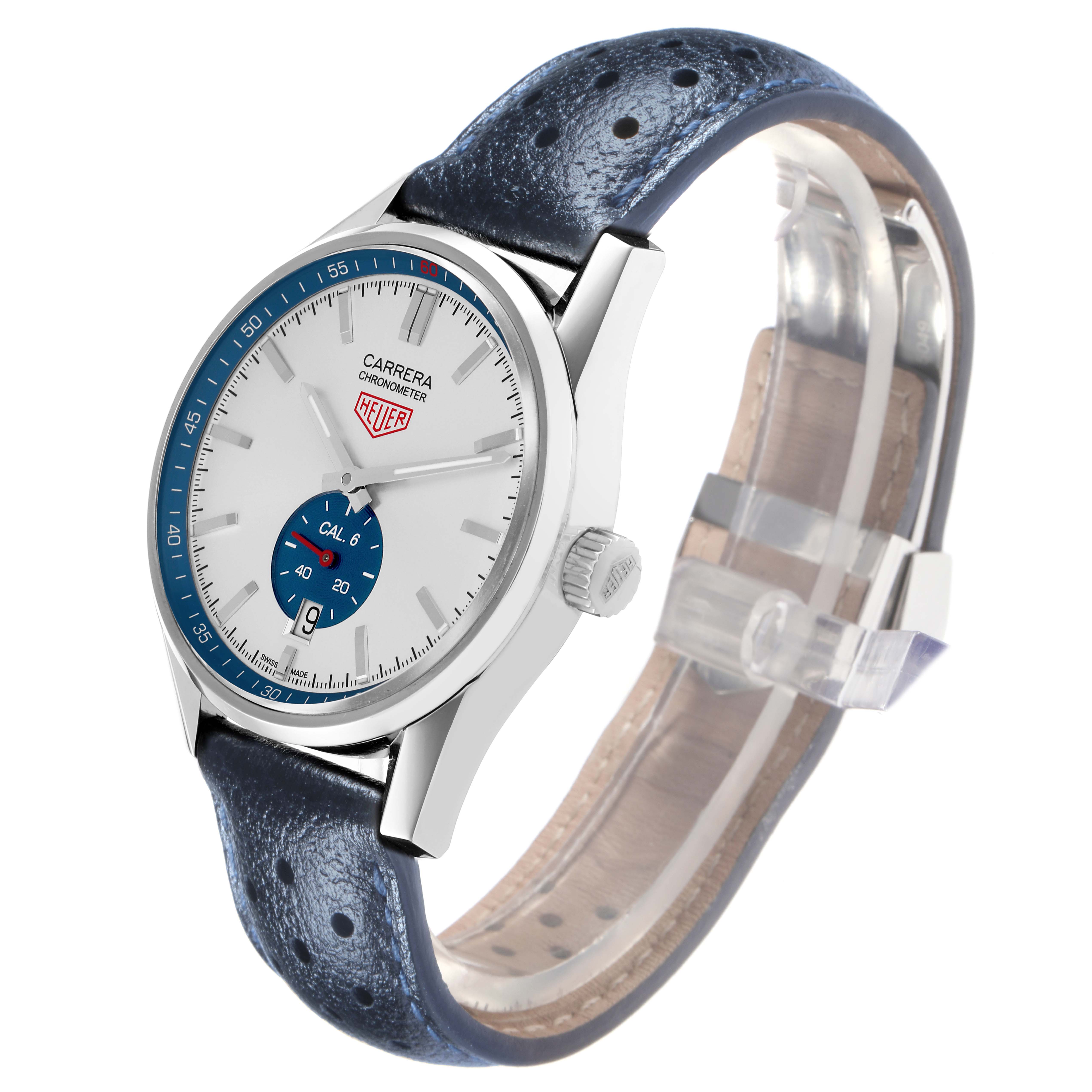 The Tag Heuer Carrera WV5111.FFC6350 Men
s Stainless Steel Silver Dial watch is angled to show the face, case, and strap with a partial side view.