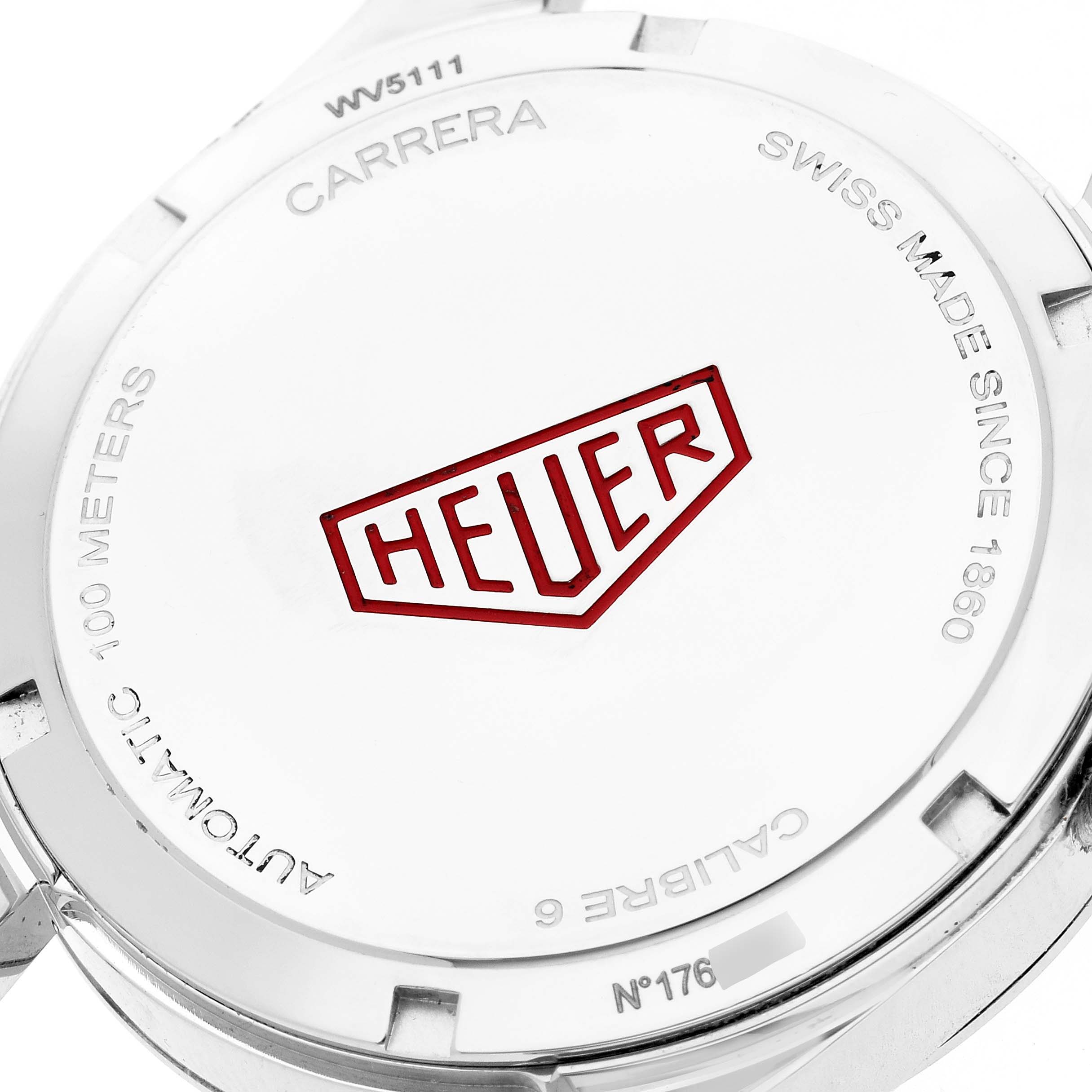 The image shows the case back of the Tag Heuer Carrera WV5111.FFC6350 Men
s Stainless Steel Silver Dial watch, featuring branding and model details.