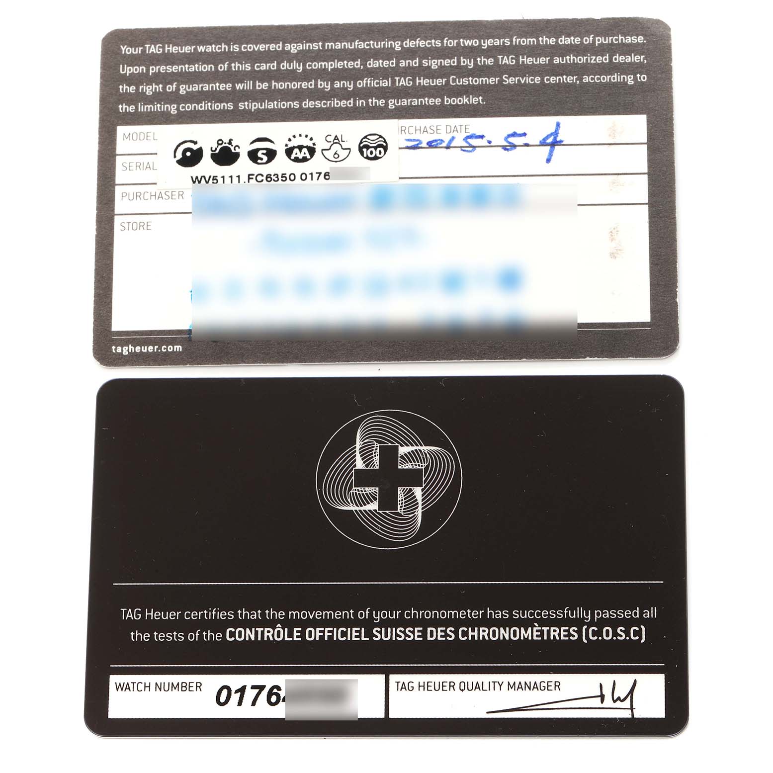 The image shows the warranty and certification cards for the TAG Heuer Carrera watch model.