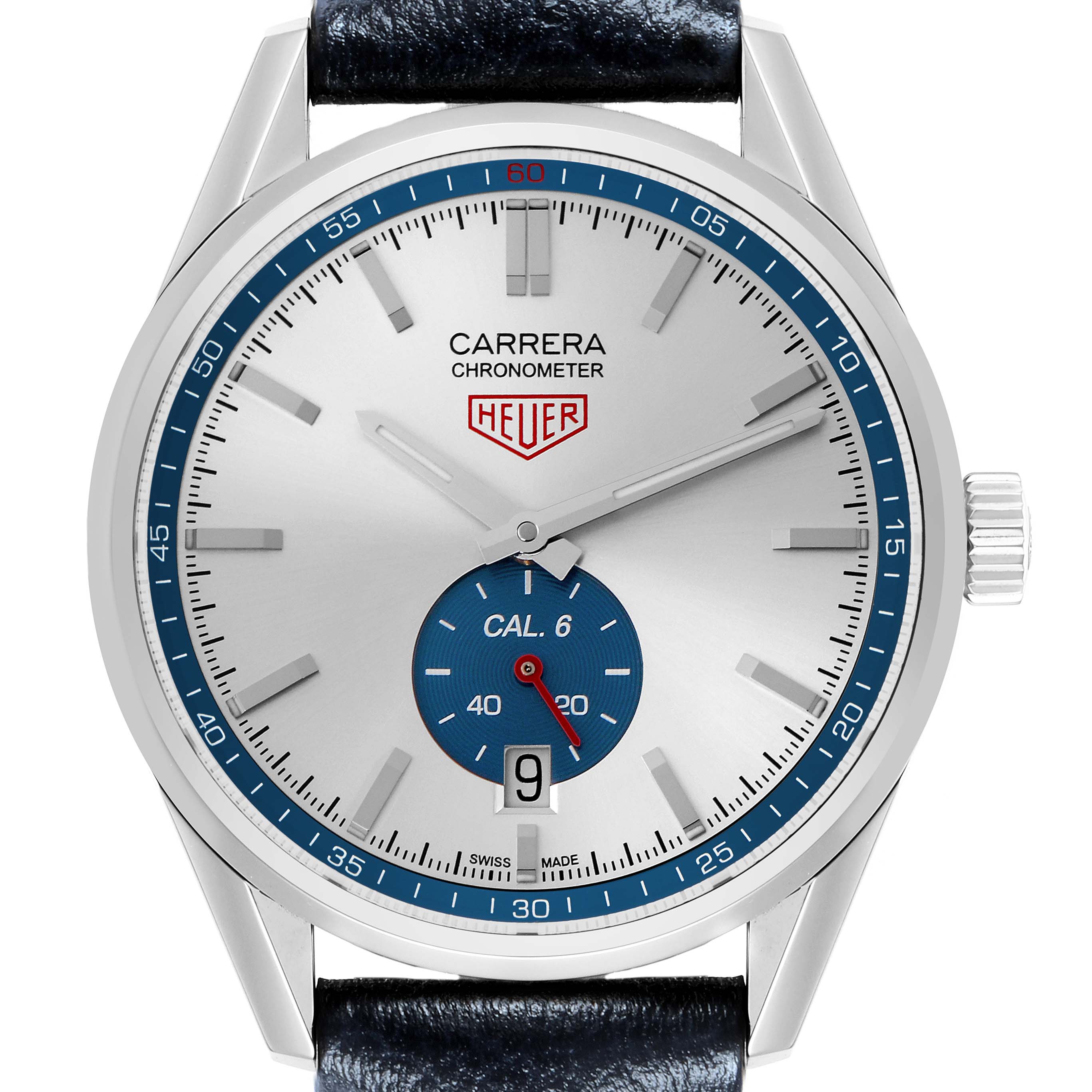 The Tag Heuer Carrera WV5111.FFC6350 Men
s Stainless Steel Silver Dial watch is shown from a front angle, displaying its dial, hands, bezel, crown, and part of the strap.
