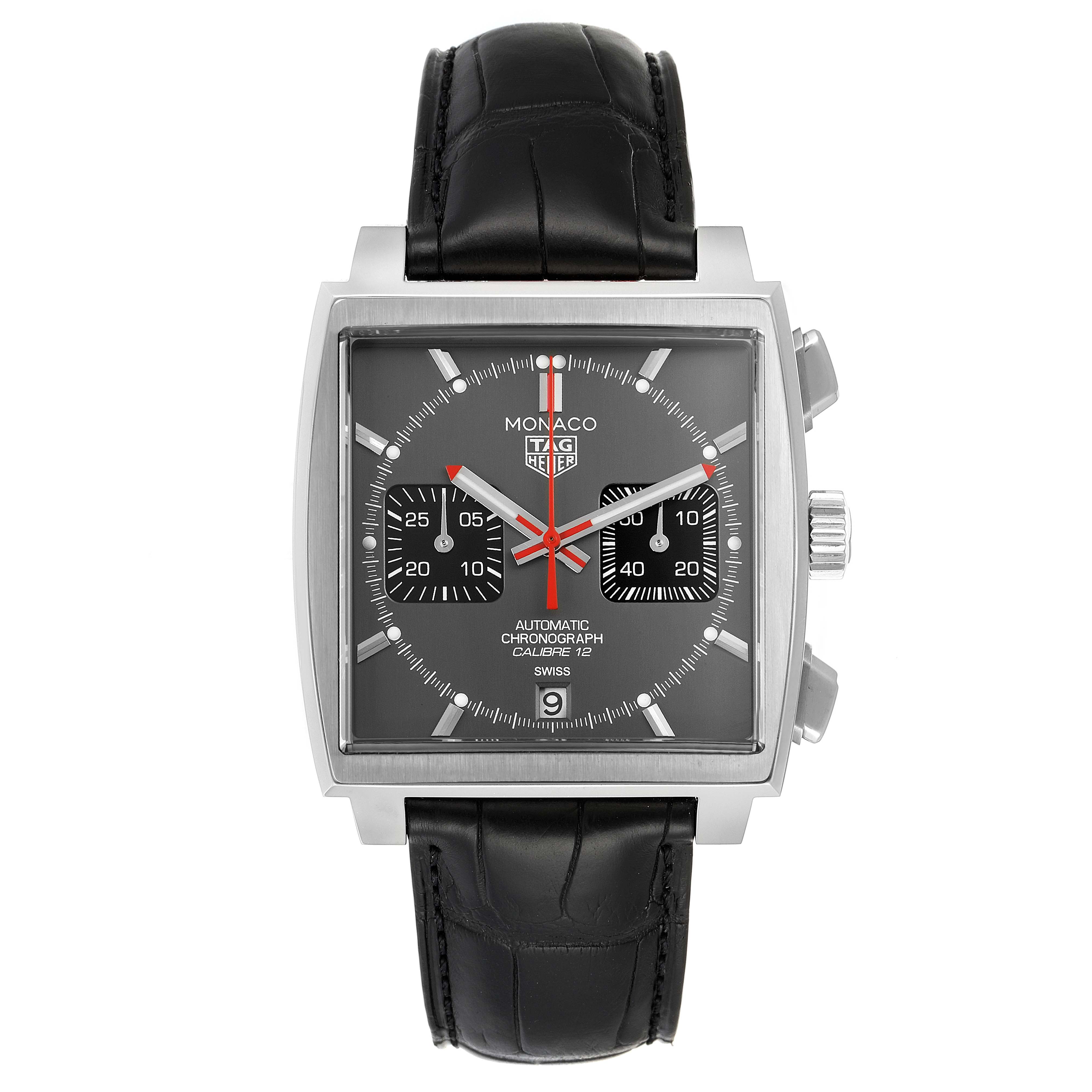 This image shows a front view of the Tag Heuer Monaco watch, including the face and black leather strap.