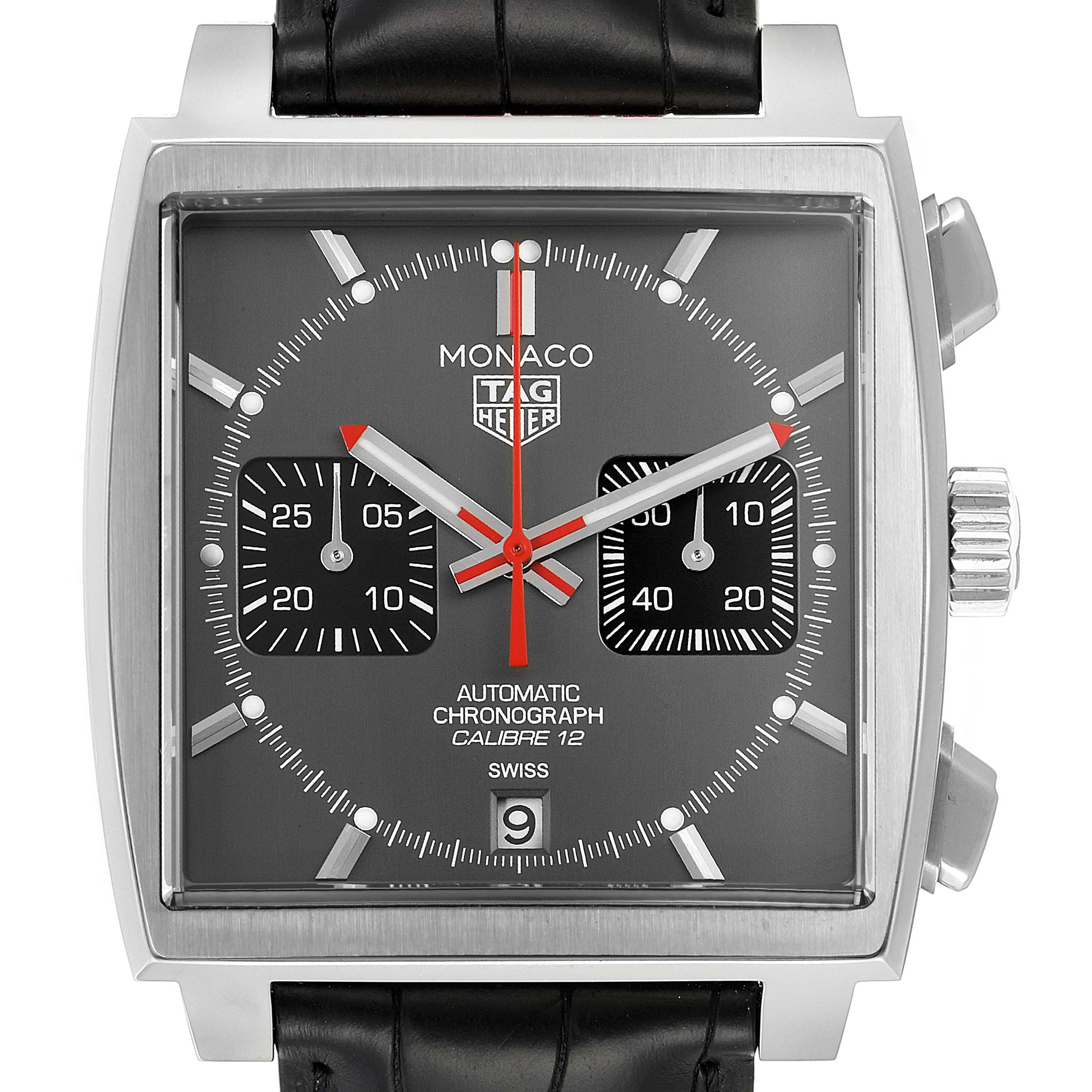 The image shows the front view of a Tag Heuer Monaco Limited Edition watch, highlighting its dial, hands, sub-dials, and date window.