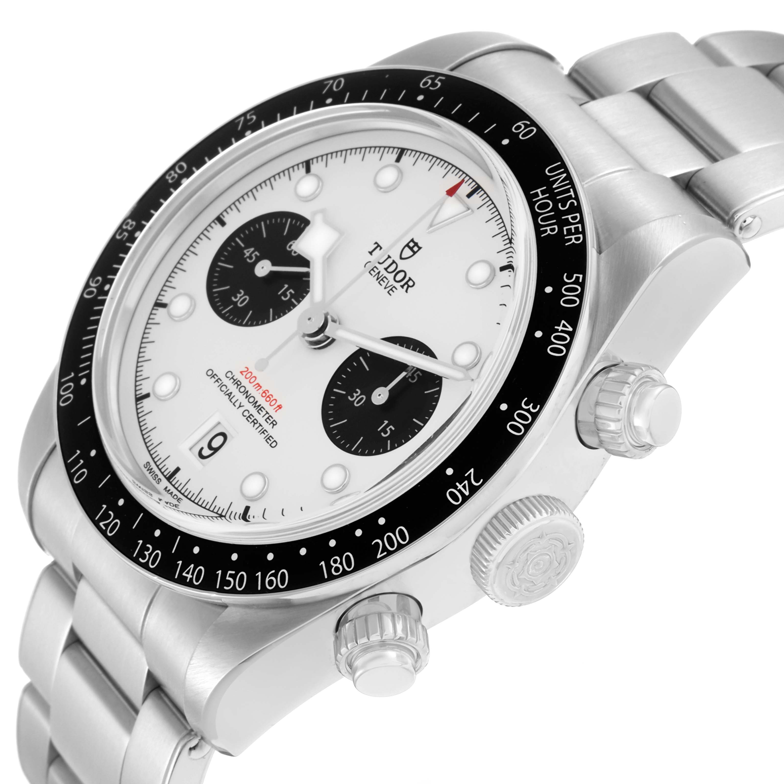 The image shows a Tudor Heritage Black Bay 79360 Men
s Stainless Steel Silver Dial watch at a three-quarter angle, highlighting the bezel, dial, and bracelet.