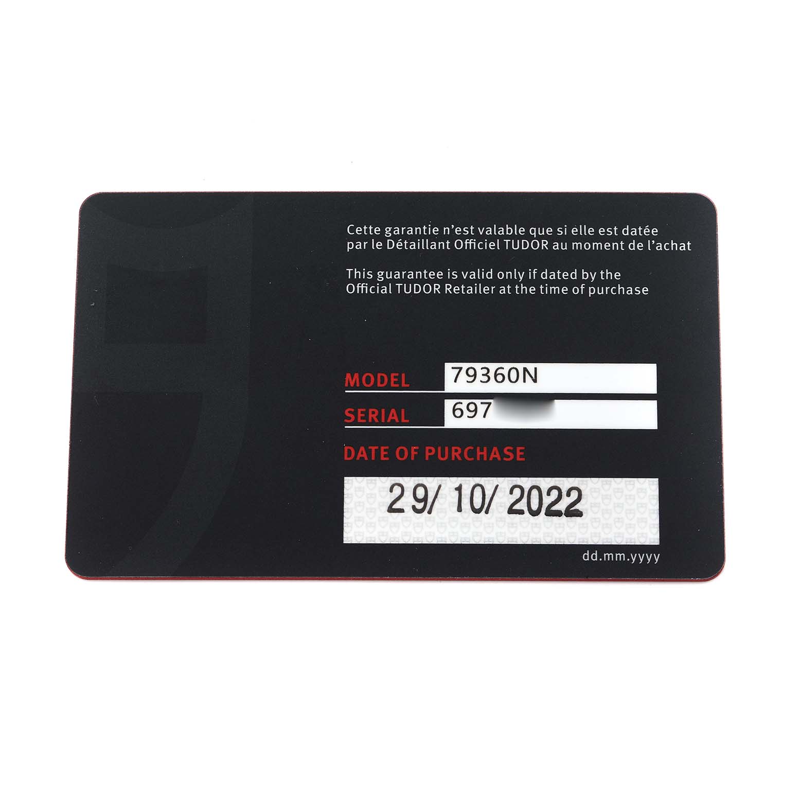 The image shows the warranty card for a Tudor Heritage Black Bay 79360 Men
s Stainless Steel Silver Dial watch, model 79360N, displaying model, serial number, and purchase date.