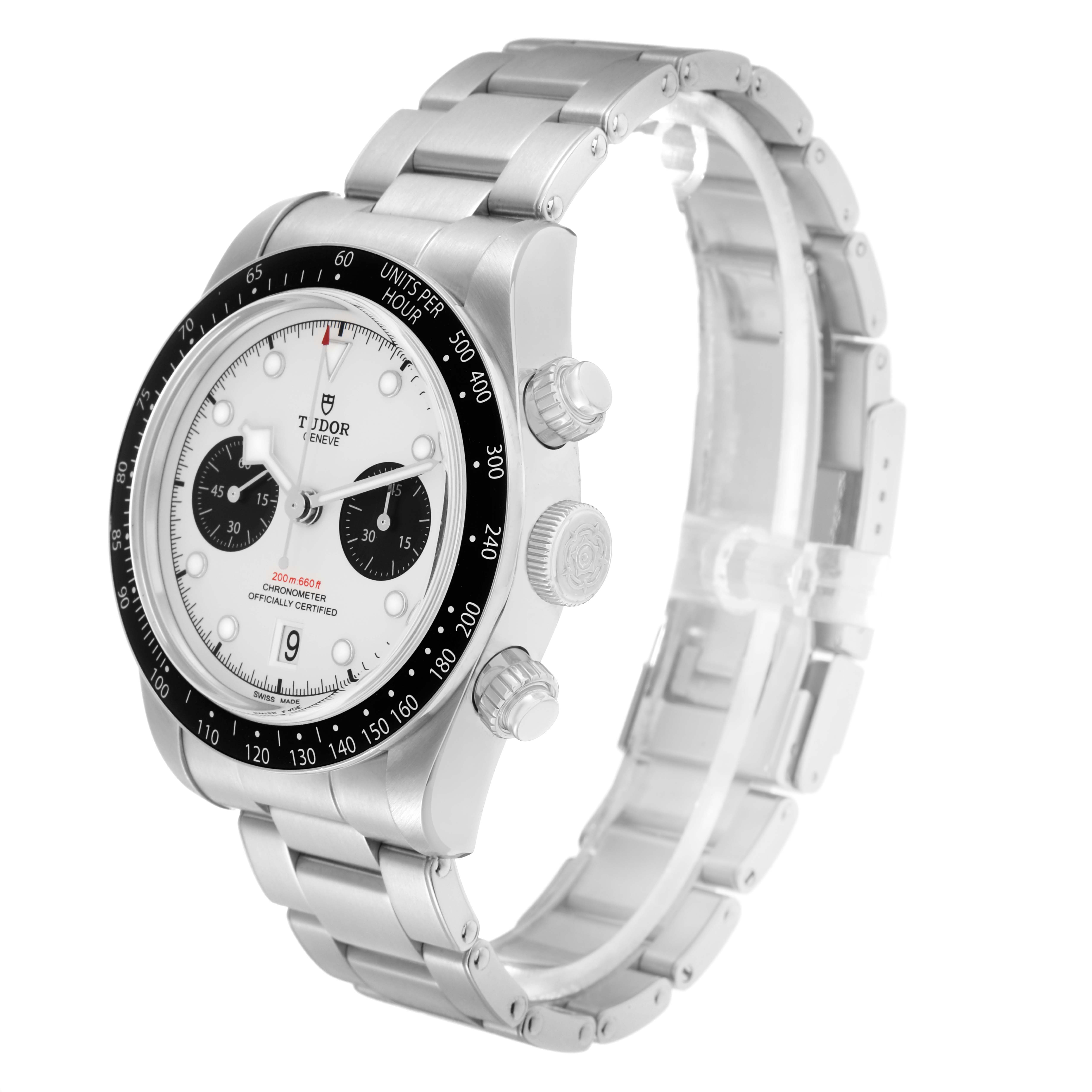 The image shows a side angle of the Tudor Heritage Black Bay 79360 Men
s Stainless Steel Silver Dial watch, highlighting the case, bezel, dial, pushers, and bracelet.