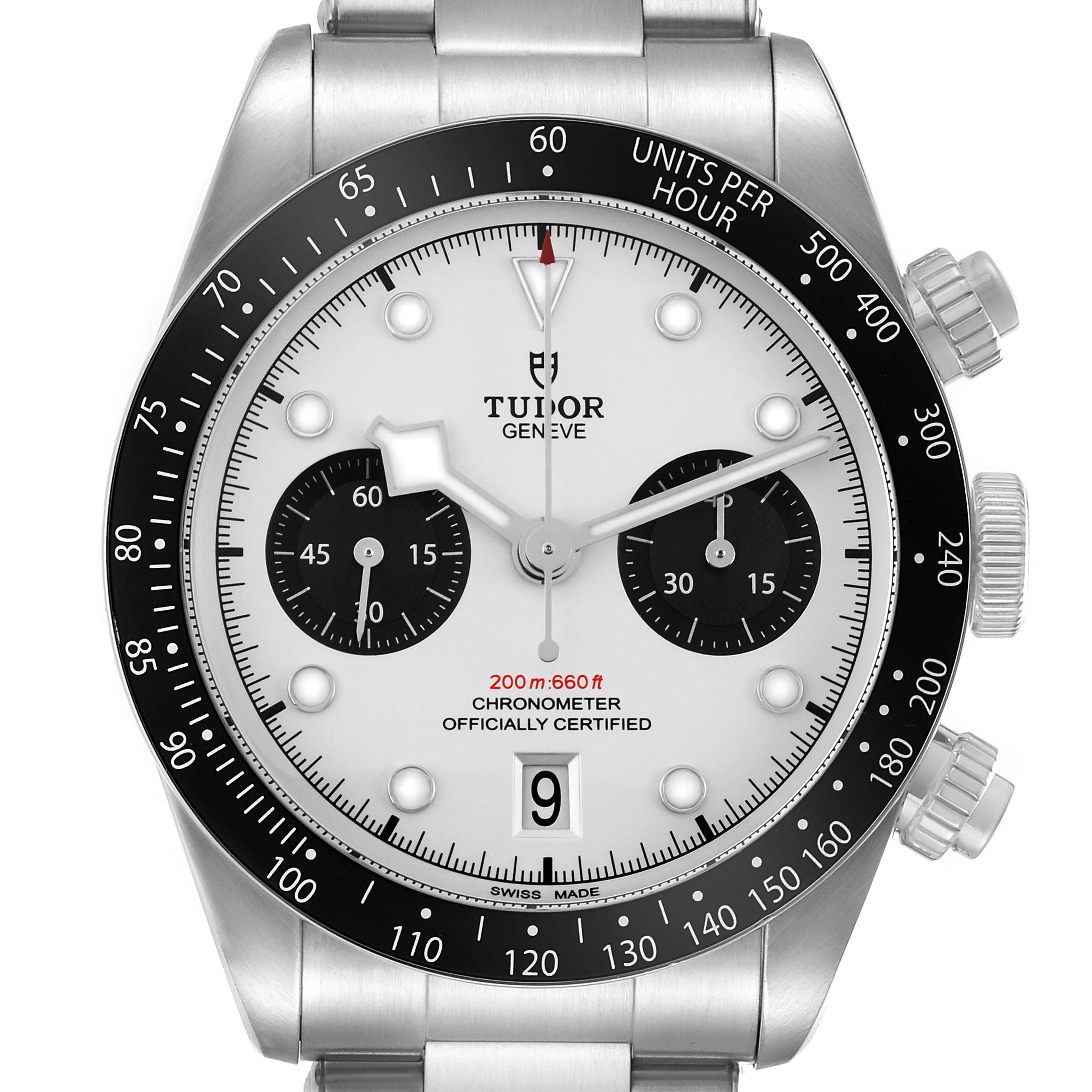 The Tudor Heritage Black Bay 79360 Men
s Stainless Steel Silver Dial watch is shown from the front, displaying the dial, bezel, and crown.