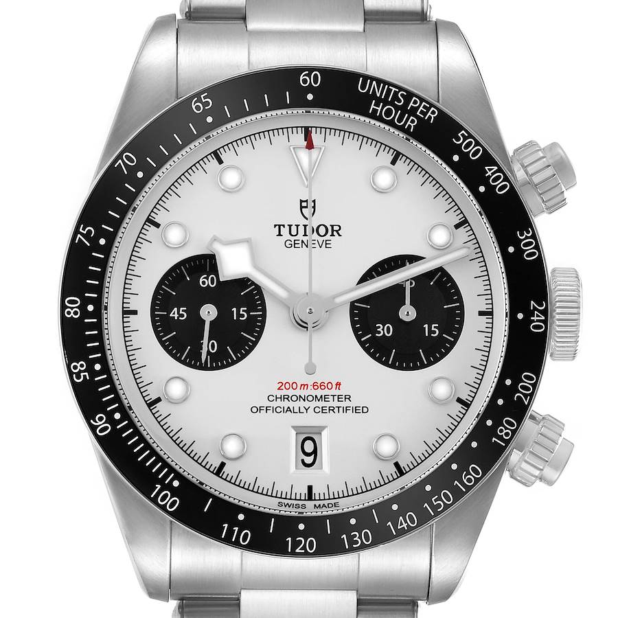 The Tudor Heritage Black Bay, model 79360, is shown from a front angle highlighting the dial, bezel, subdials, crown, and part of the bracelet.