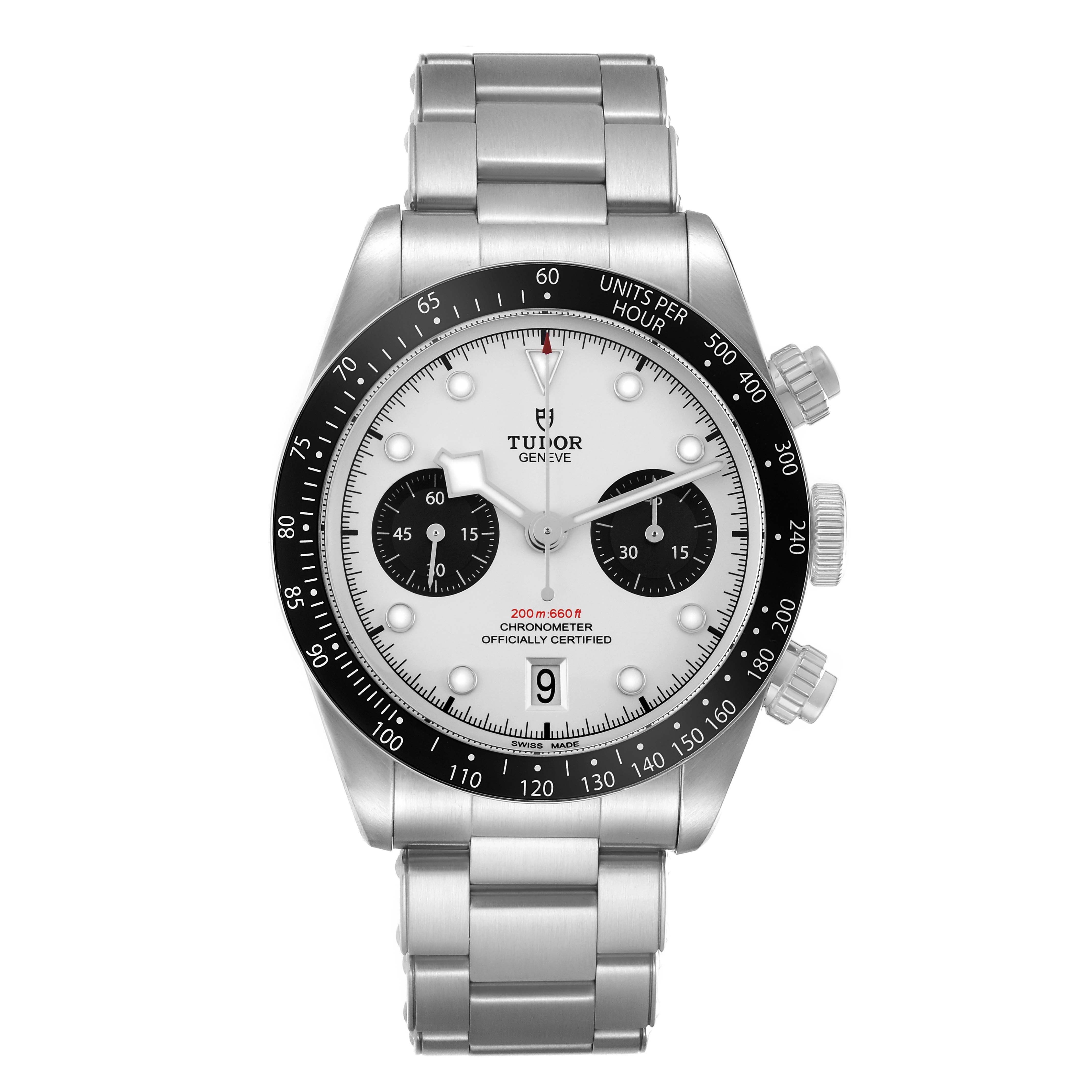 The Tudor Heritage Black Bay 79360 Men
s Stainless Steel Silver Dial watch is shown from a front view, detailing the dial, bezel, and bracelet.