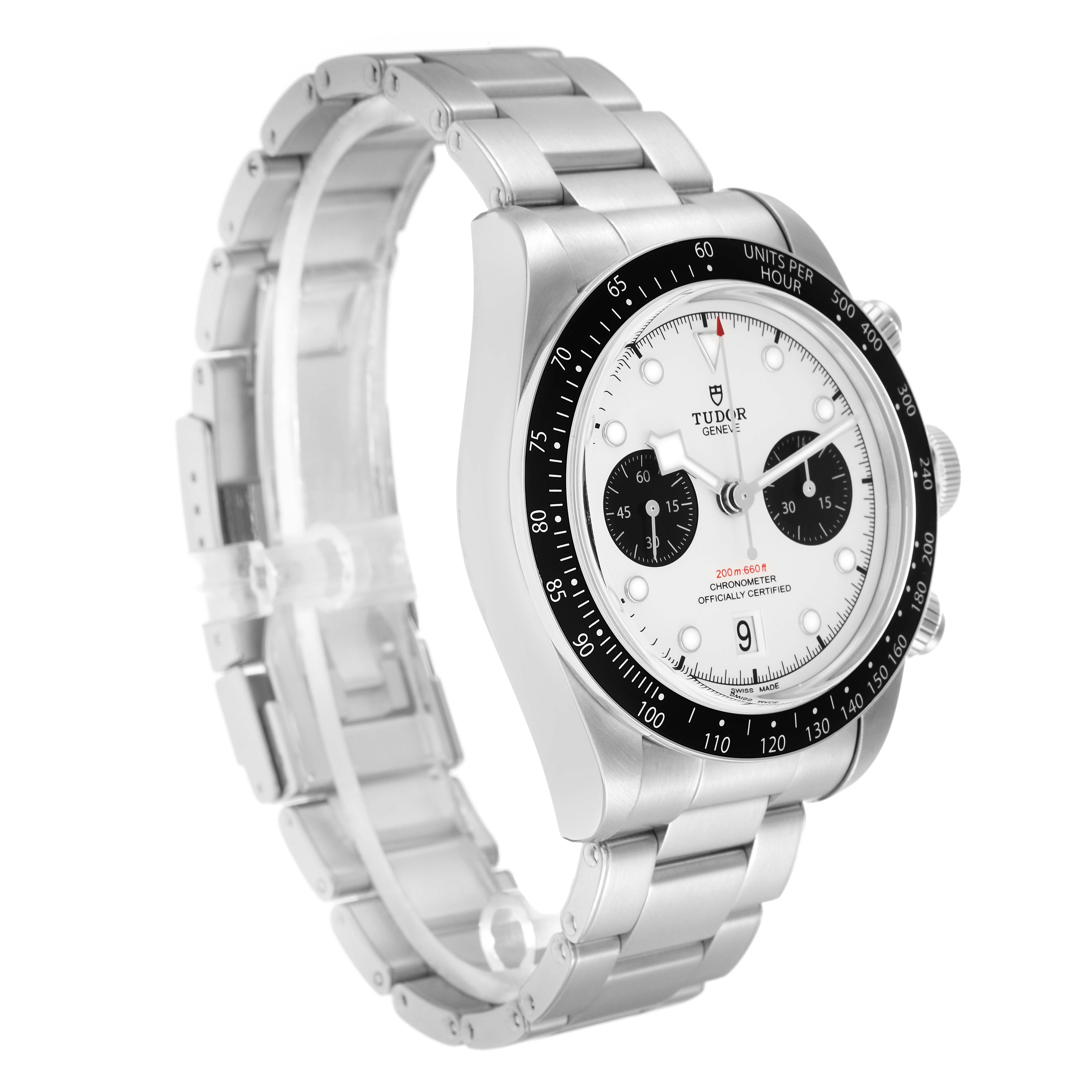 The Tudor Heritage Black Bay 79360 Men
s Stainless Steel Silver Dial watch is shown at a three-quarter angle, highlighting the dial, bezel, and bracelet.