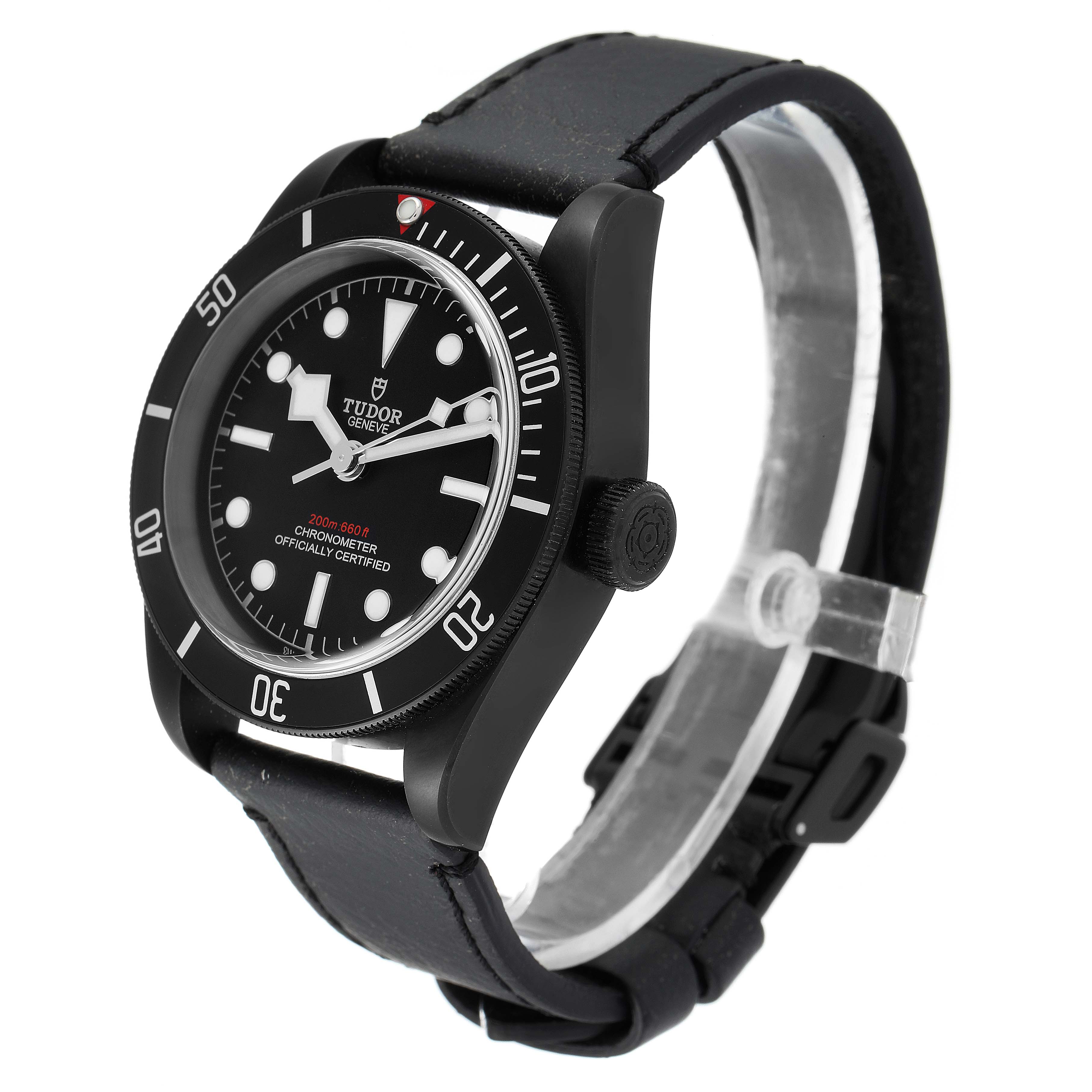 The image shows a side and front angle of a Tudor Heritage Black Bay 79230DK Men's Stainless Steel Black Dial 79230DK Men's Stainless Steel Black Dial watch, highlighting the dial, bezel, and strap.