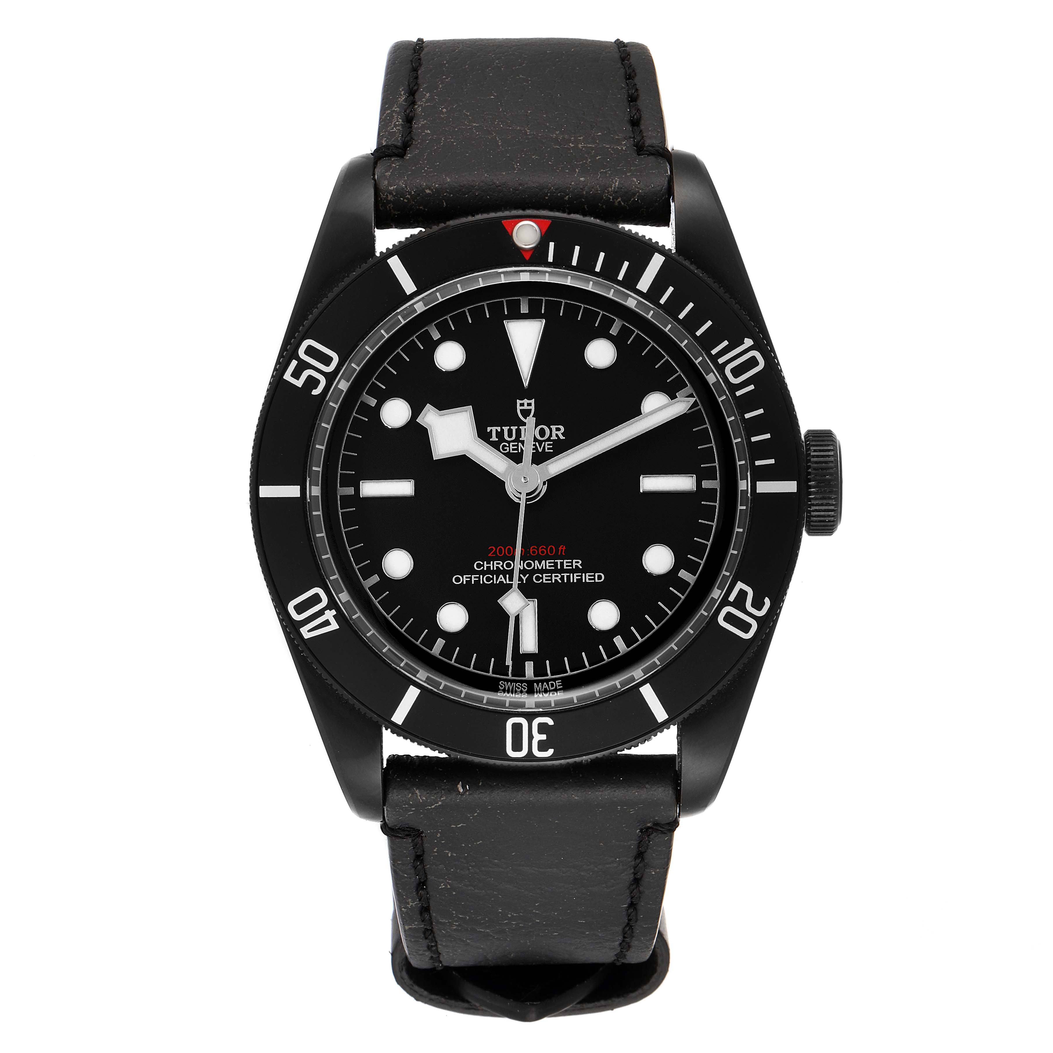 The Tudor Heritage Black Bay 79230DK Men's Stainless Steel Black Dial 79230DK Men's Stainless Steel Black Dial watch is shown from the front, displaying its bezel, dial, and leather strap.