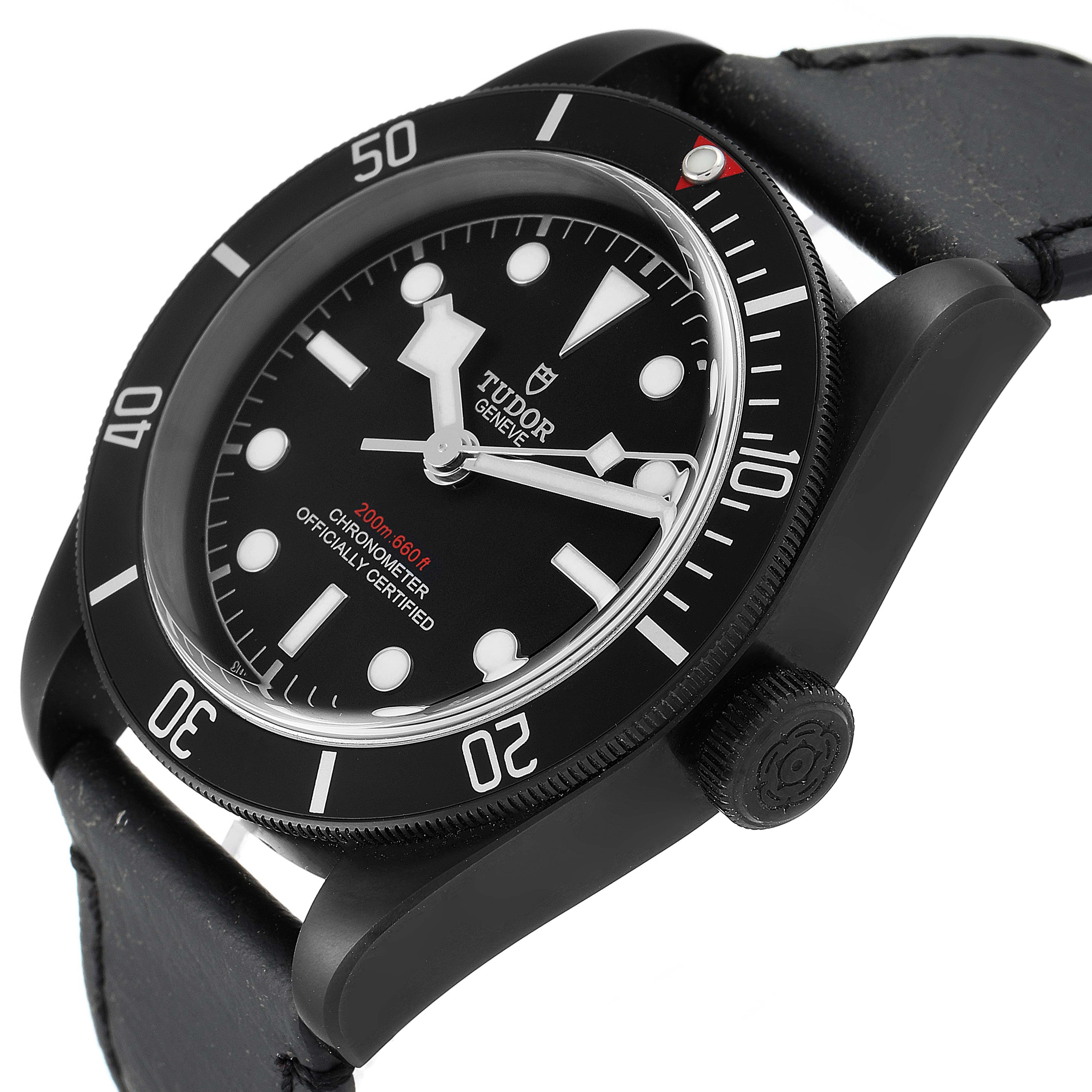 The image shows a close-up of the Tudor Heritage Black Bay 79230DK Men's Stainless Steel Black Dial 79230DK Men's Stainless Steel Black Dial watch, highlighting its face, bezel, and crown from a tilted angle.