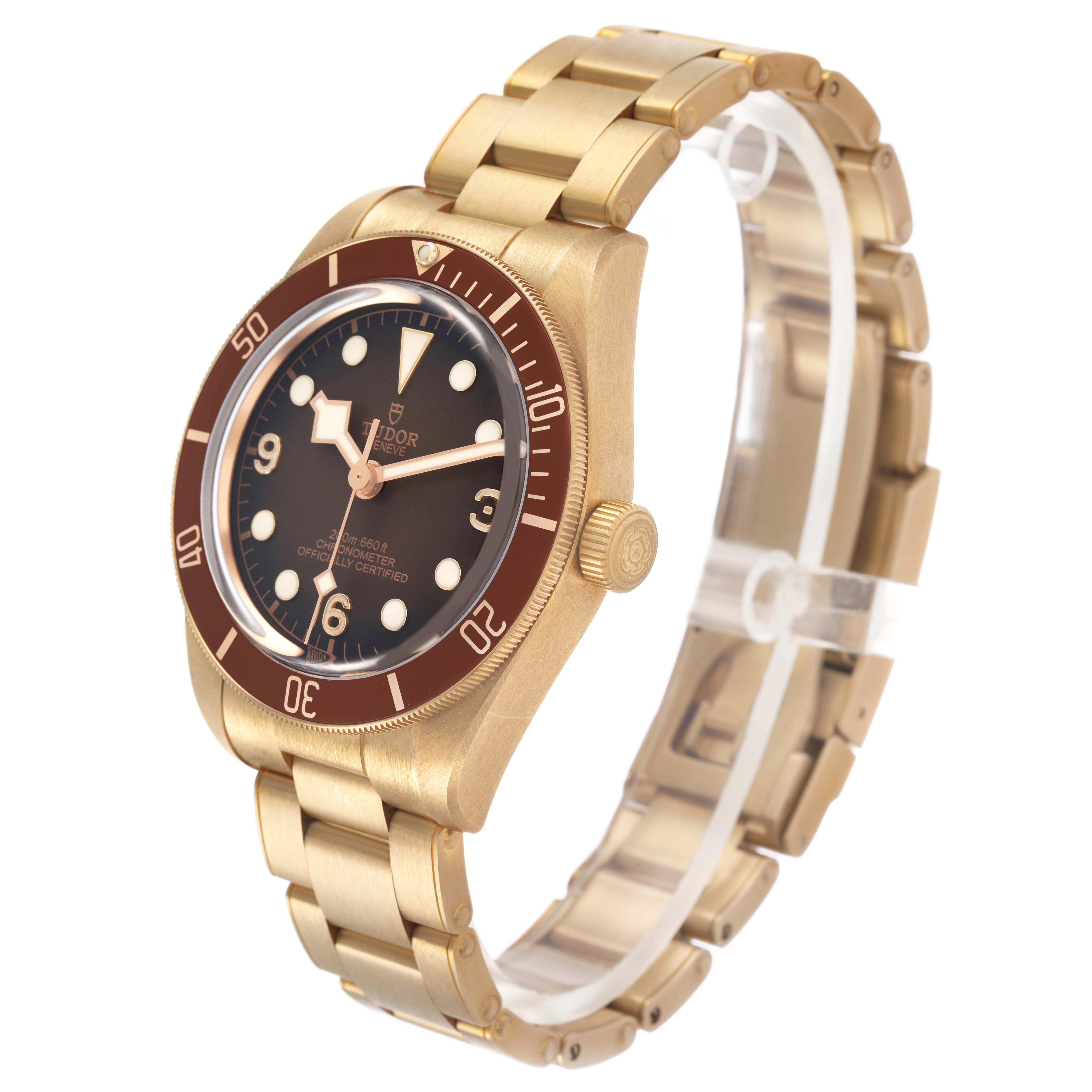 The Tudor Heritage Black Bay M79012M-0001 Men's Bronze Brown Dial watch is shown at a side angle, highlighting the bezel, crown, and metal bracelet.