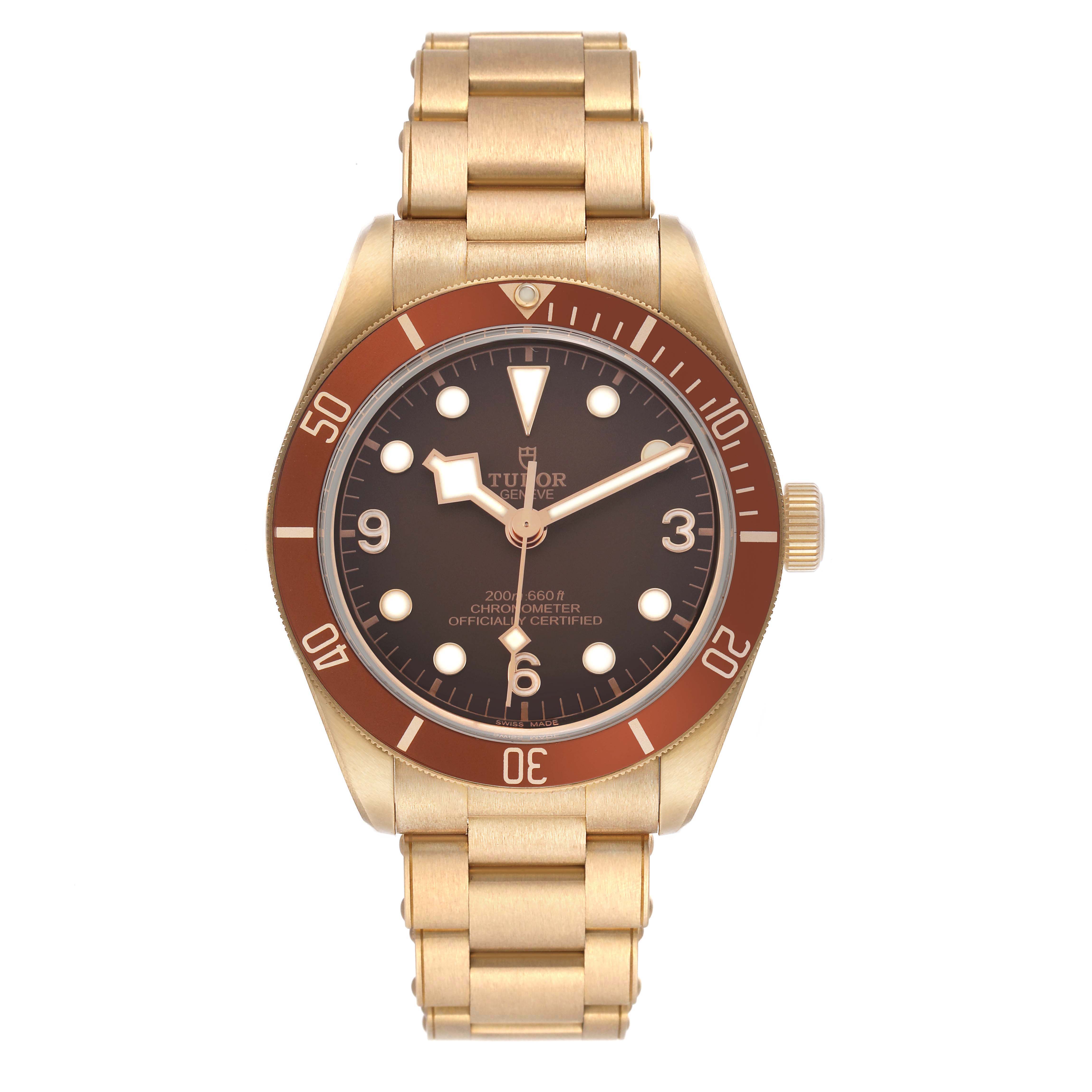 The Tudor Heritage Black Bay M79012M-0001 Men's Bronze Brown Dial watch is shown from a top-down view, displaying its face, bezel, and bracelet fully.
