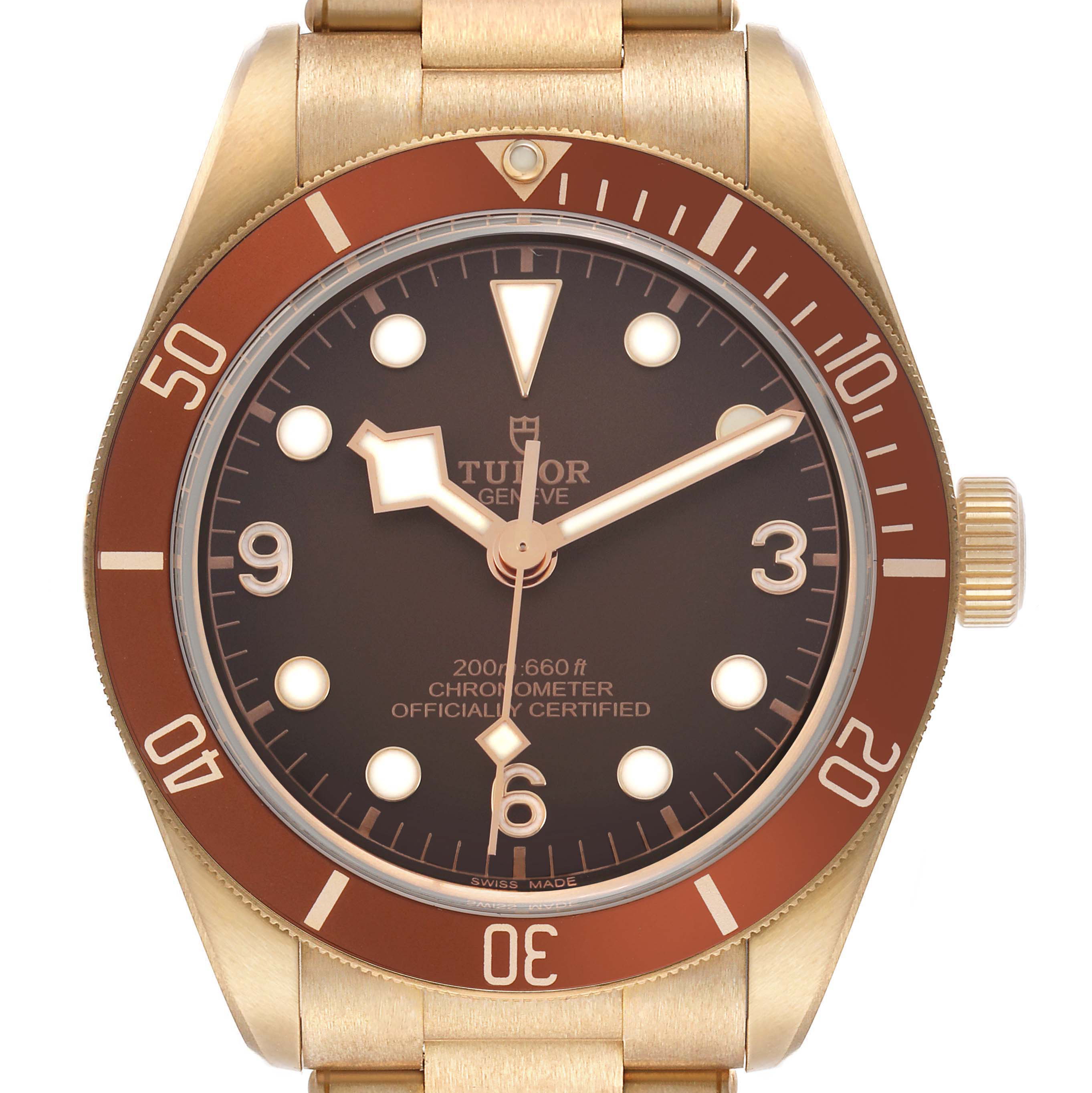 The Tudor Heritage Black Bay M79012M-0001 Men's Bronze Brown Dial watch is shown from the front, highlighting the dial, bezel, and crown.