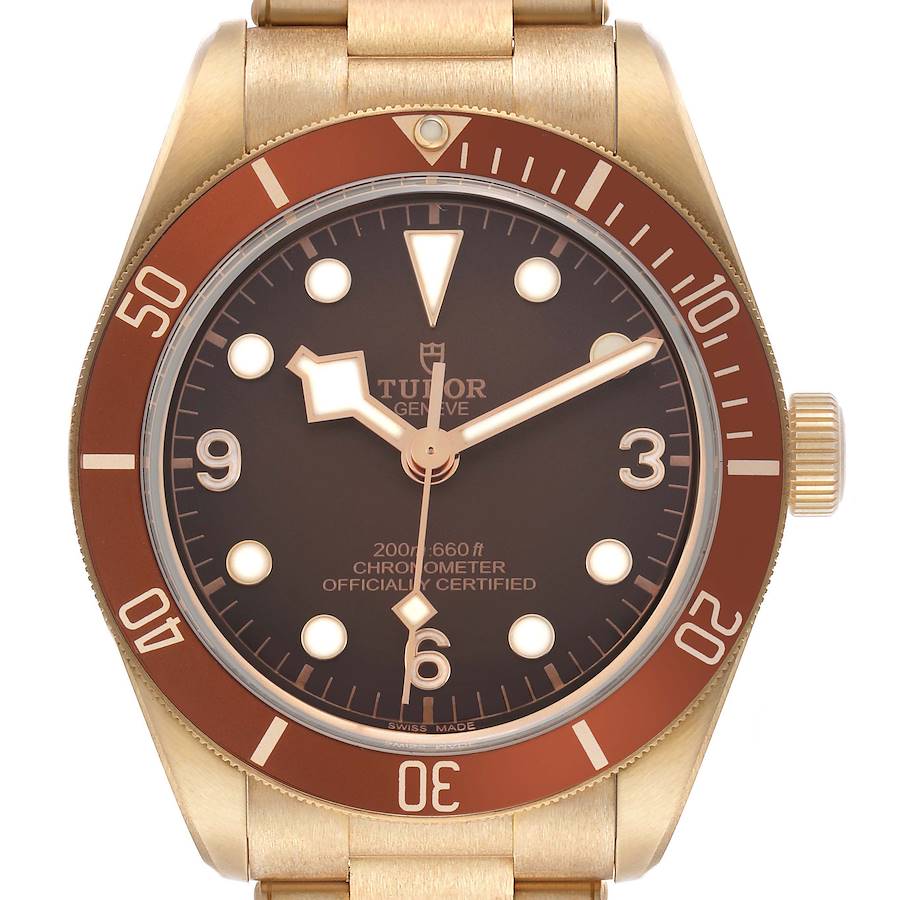 The Tudor Heritage Black Bay M79012M-0001 Men's Bronze Brown Dial watch is shown from the front, highlighting the dial, bezel, and crown.