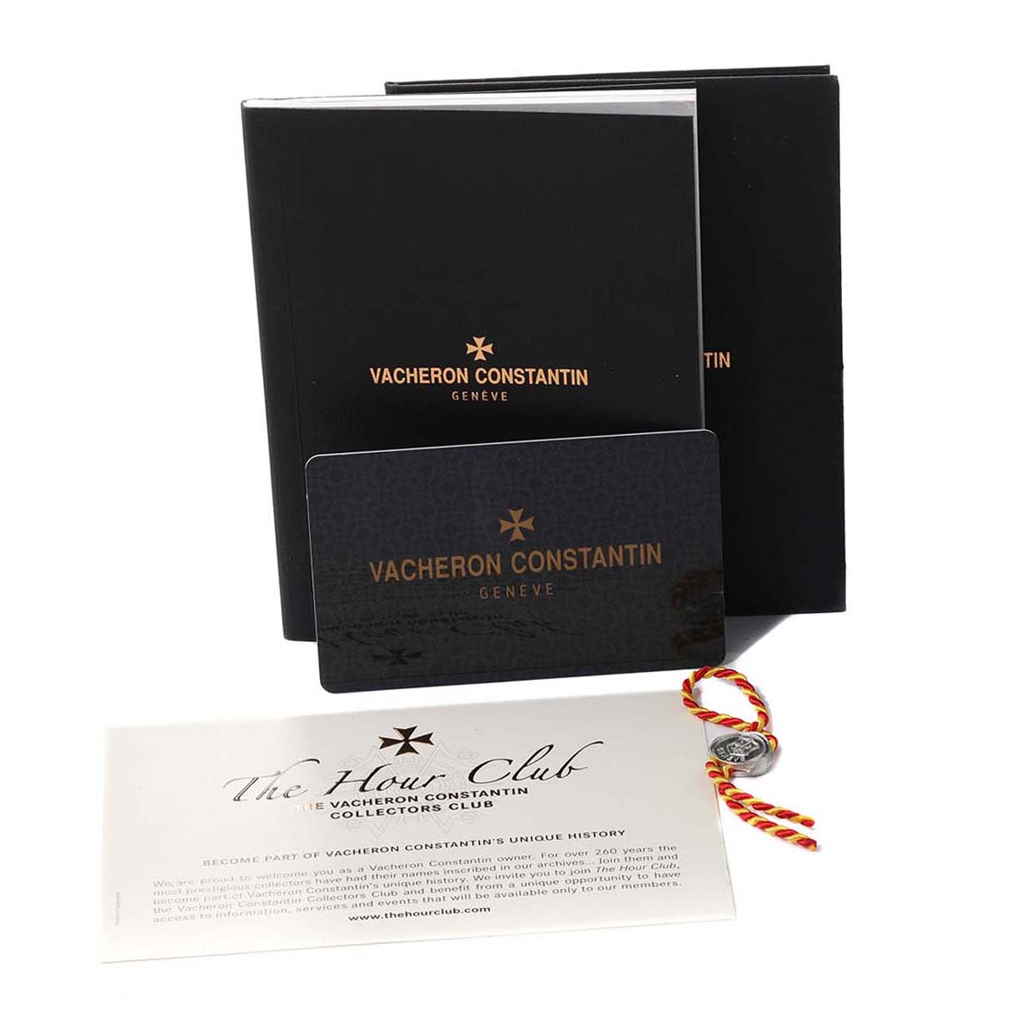 The image shows Vacheron Constantin Patrimony 1110U/000G-B086 Men's White Gold Silver Dial 1110U/000G-B086 Men's White Gold Silver Dial packaging, including documents, a booklet, a card, and a tag with a string.