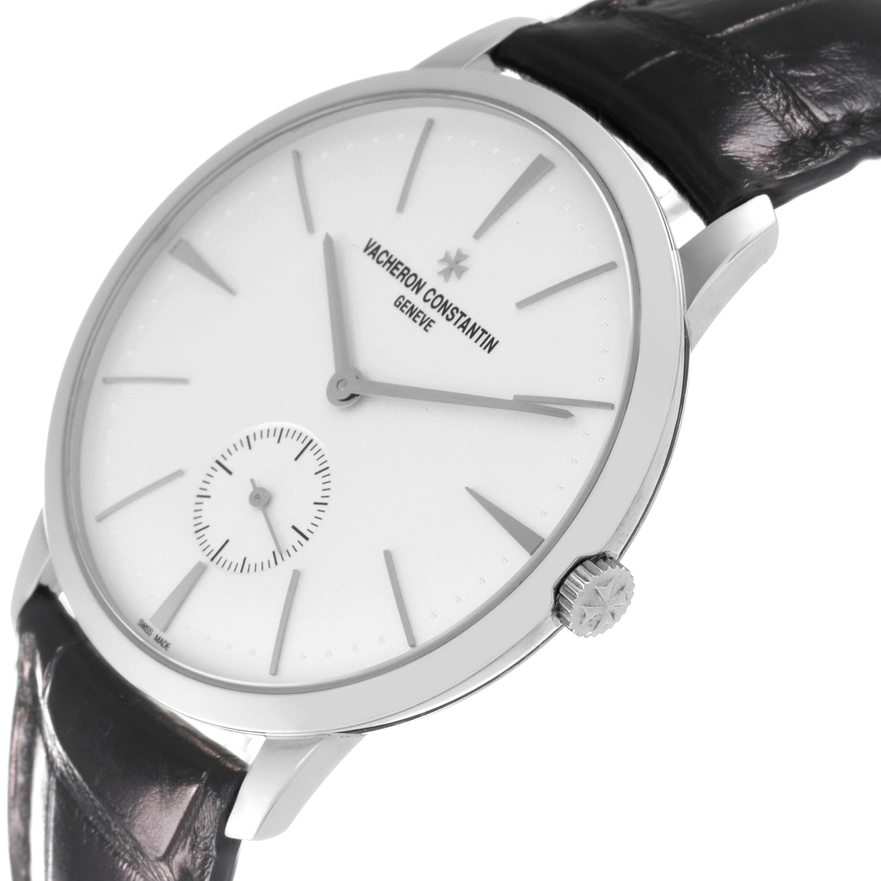The image shows the Vacheron Constantin Patrimony 1110U/000G-B086 Men's White Gold Silver Dial 1110U/000G-B086 Men's White Gold Silver Dial watch at a slight angle, highlighting the face, crown, and leather strap.