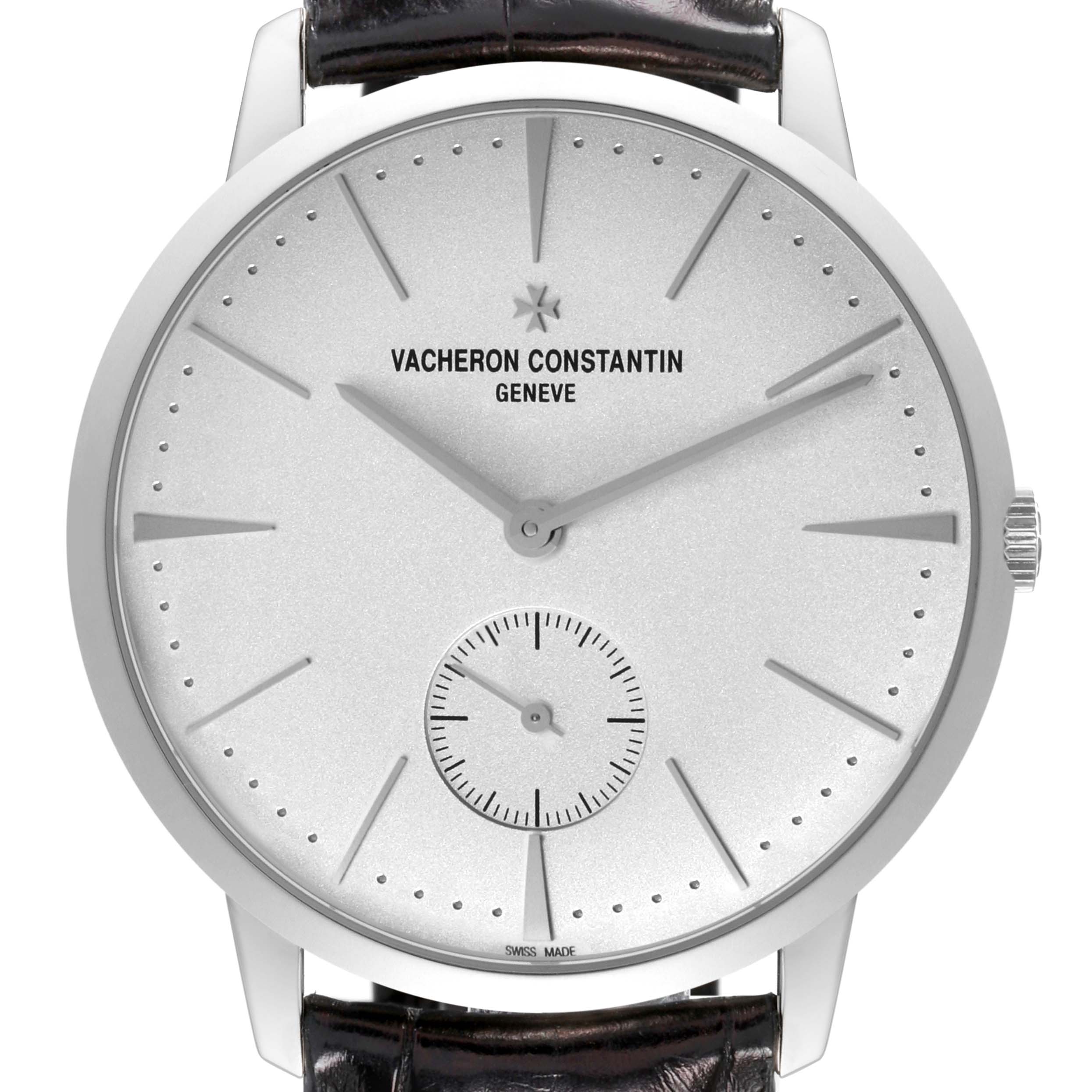 The image shows a front view of the Vacheron Constantin Patrimony 1110U/000G-B086 Men's White Gold Silver Dial 1110U/000G-B086 Men's White Gold Silver Dial watch, highlighting the dial and strap.