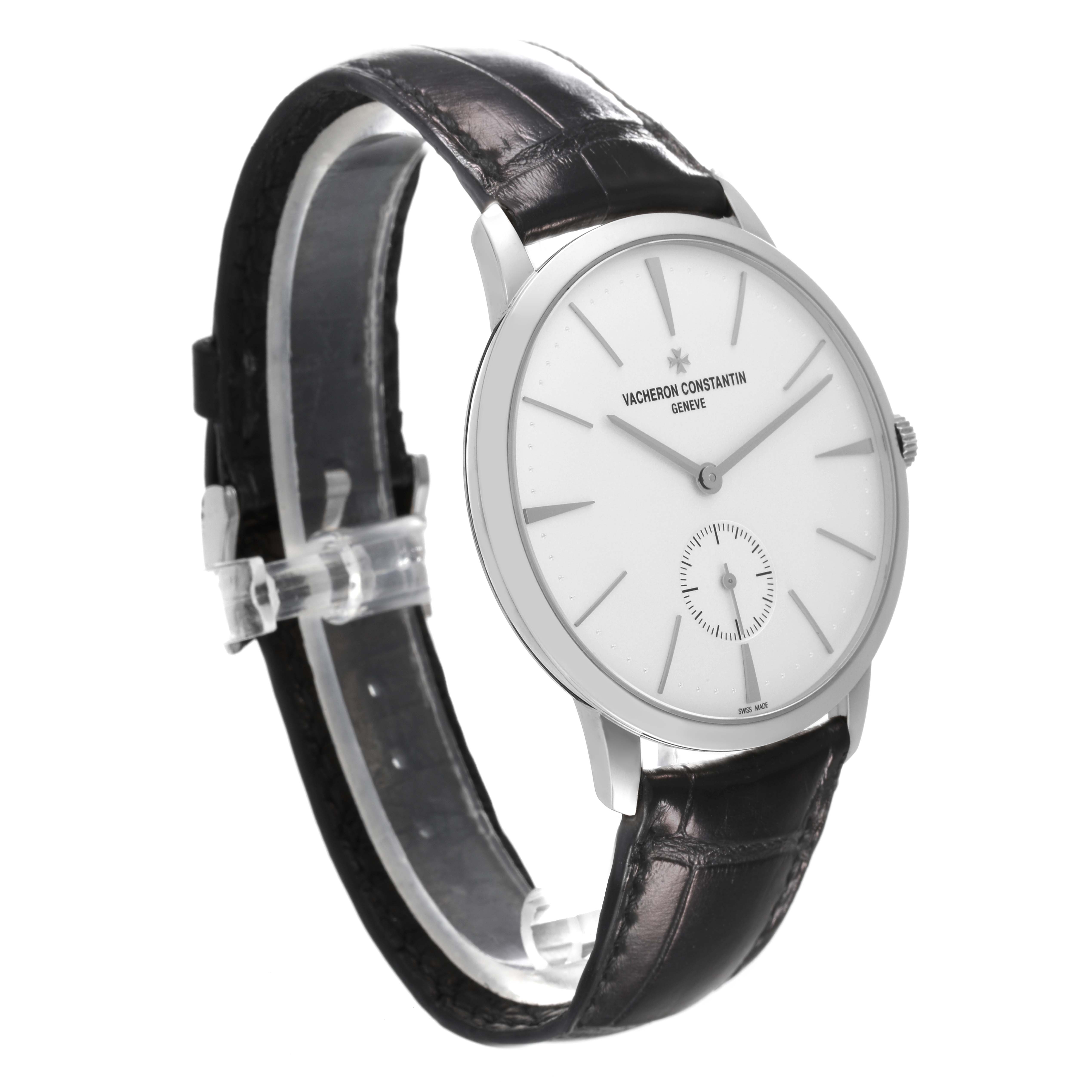 This Vacheron Constantin Patrimony 1110U/000G-B086 Men's White Gold Silver Dial 1110U/000G-B086 Men's White Gold Silver Dial watch is shown at an angle highlighting its face, case, and leather strap.