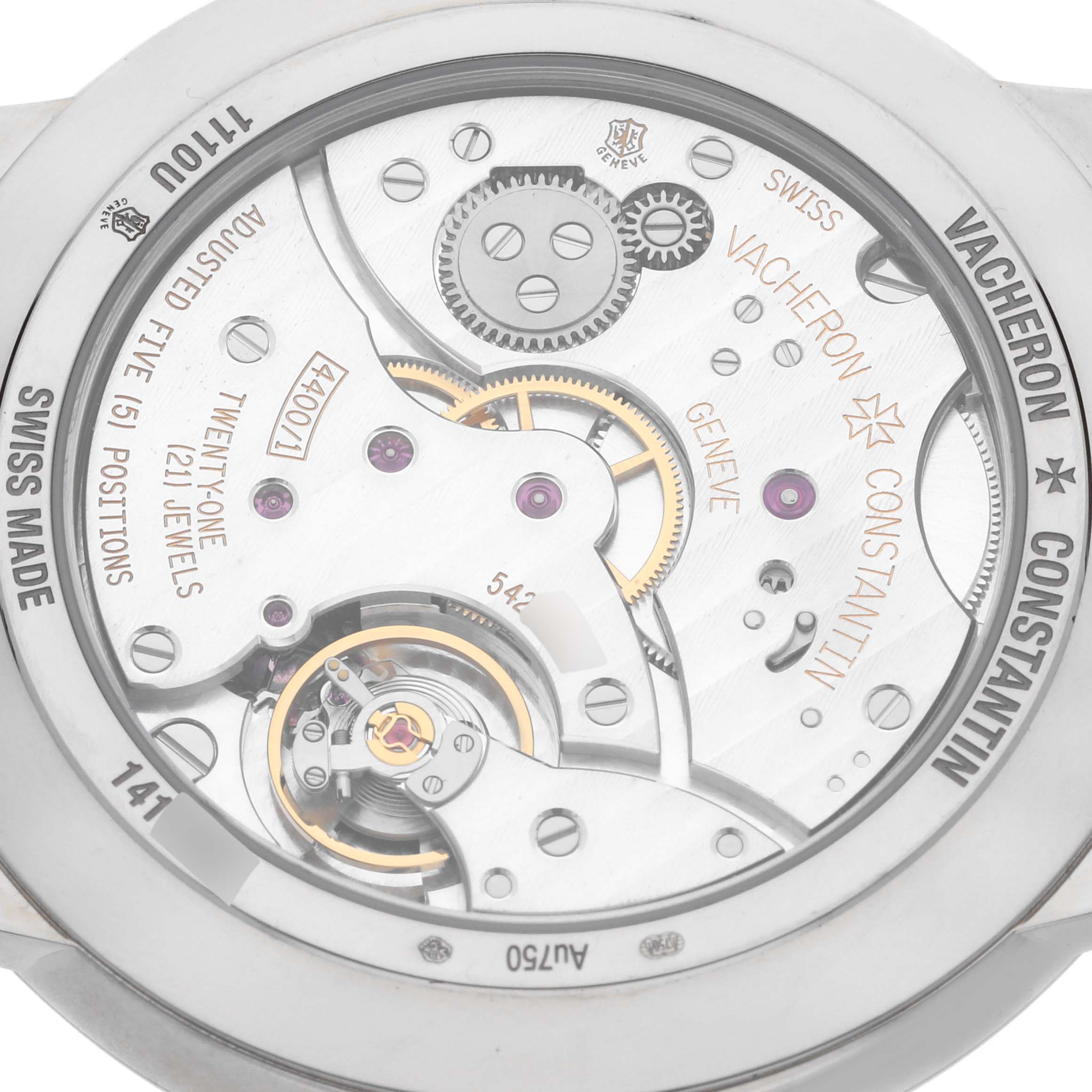 This image shows the back view of the Vacheron Constantin Patrimony 1110U/000G-B086 Men's White Gold Silver Dial 1110U/000G-B086 Men's White Gold Silver Dial watch, highlighting its intricate movement and internal mechanisms.