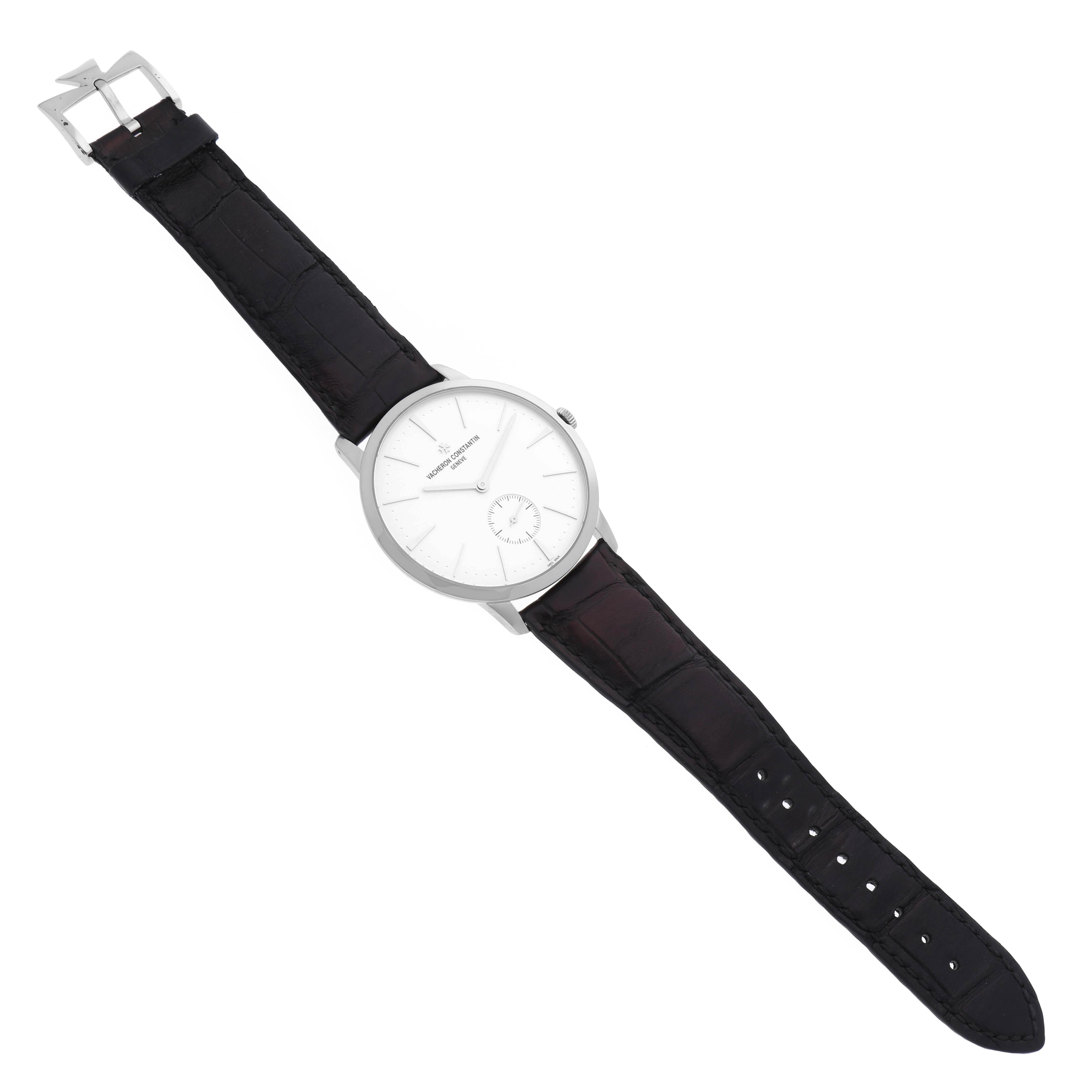 The image shows a frontal view of the Vacheron Constantin Patrimony 1110U/000G-B086 Men's White Gold Silver Dial 1110U/000G-B086 Men's White Gold Silver Dial watch, displaying the face, hands, crown, strap, and buckle.