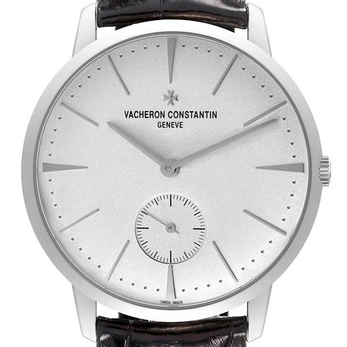 The image shows a front view of the Vacheron Constantin Patrimony watch, highlighting the dial, hands, and strap attachment.