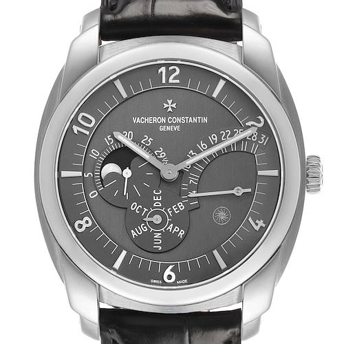 The Vacheron Constantin Quai de L'ile watch is shown from a front angle displaying its dial, hands, and straps.