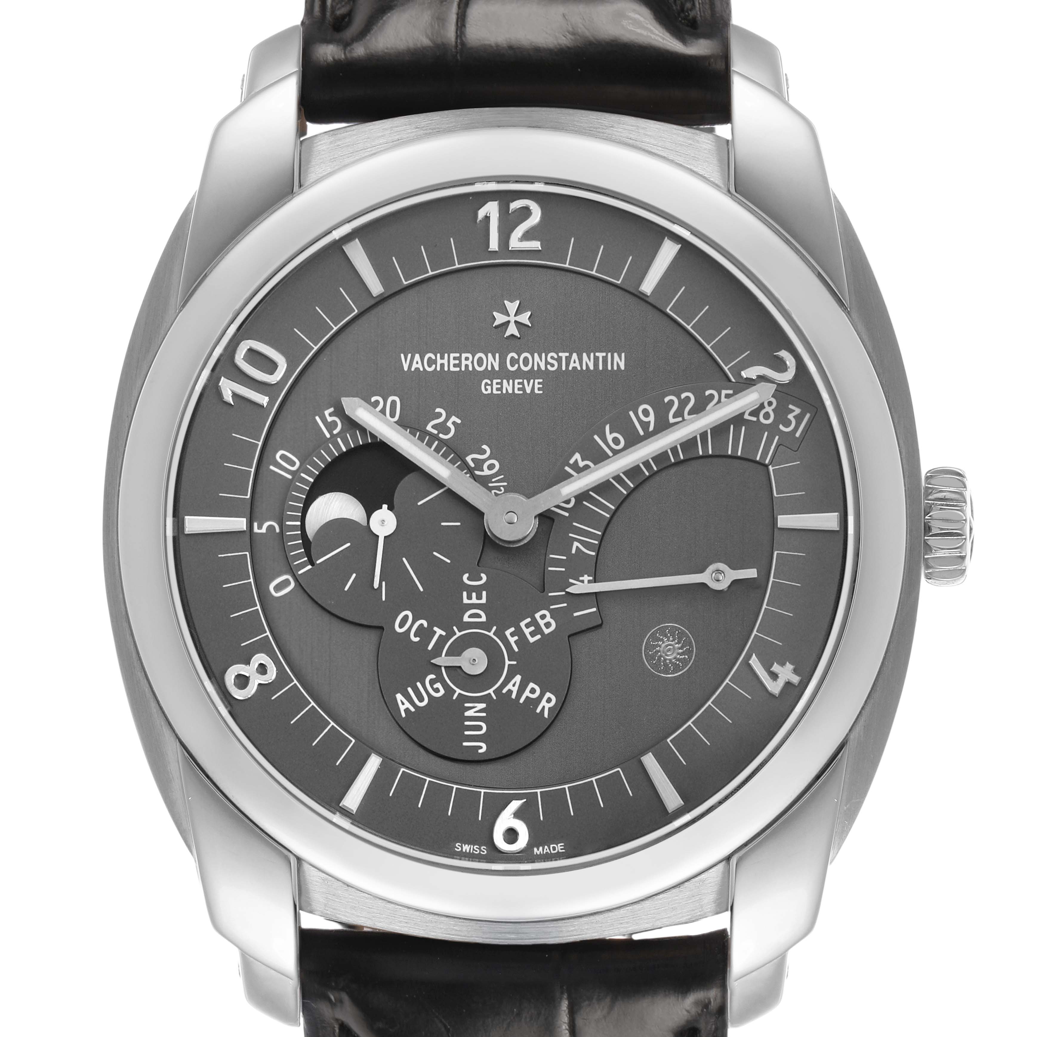 The image shows a frontal view of the Vacheron Constantin Quai de L’Île watch, highlighting its dial, hands, and calendar complications.