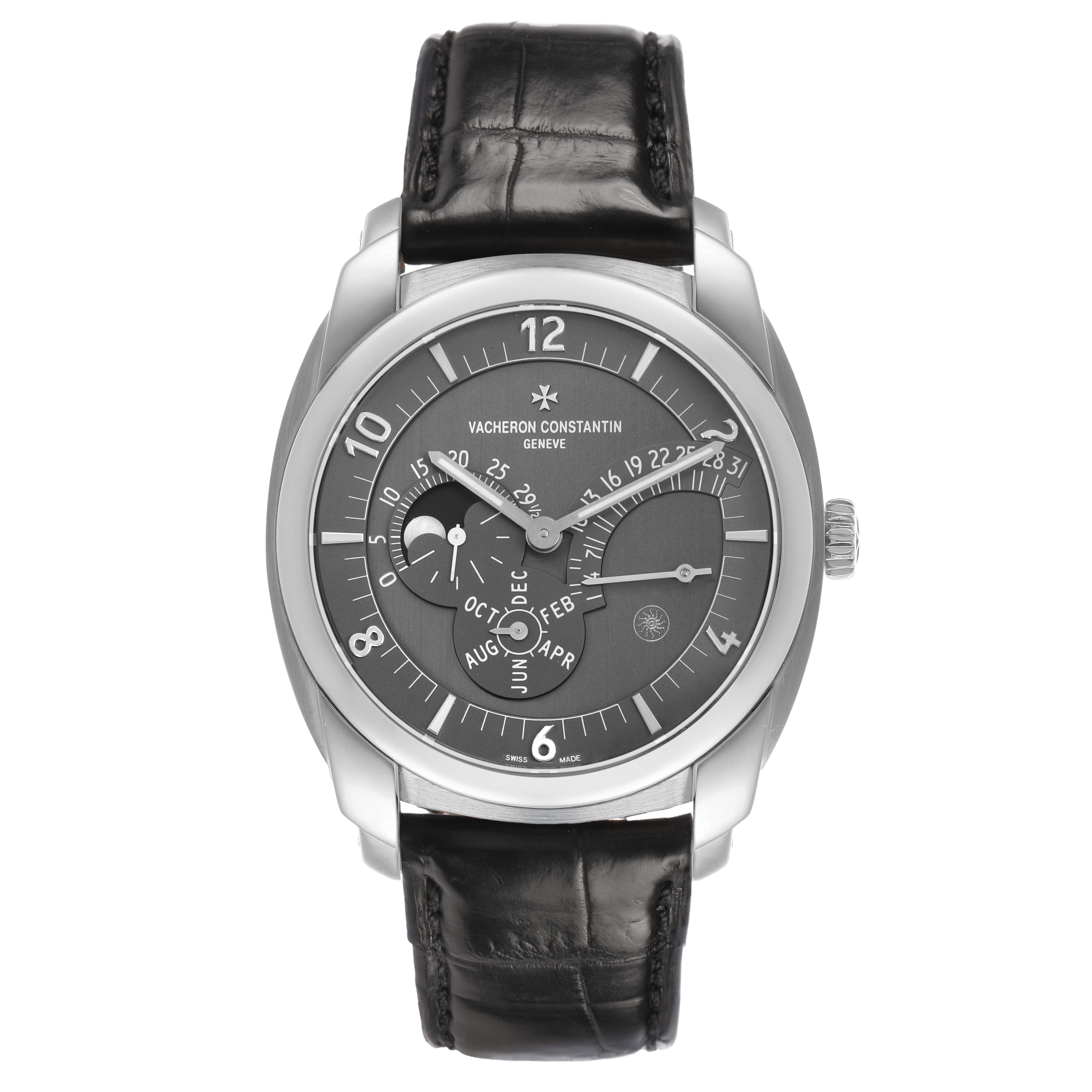 The Vacheron Constantin Quai de l'Ile watch is shown from a front angle, displaying its dial, case, and leather strap.