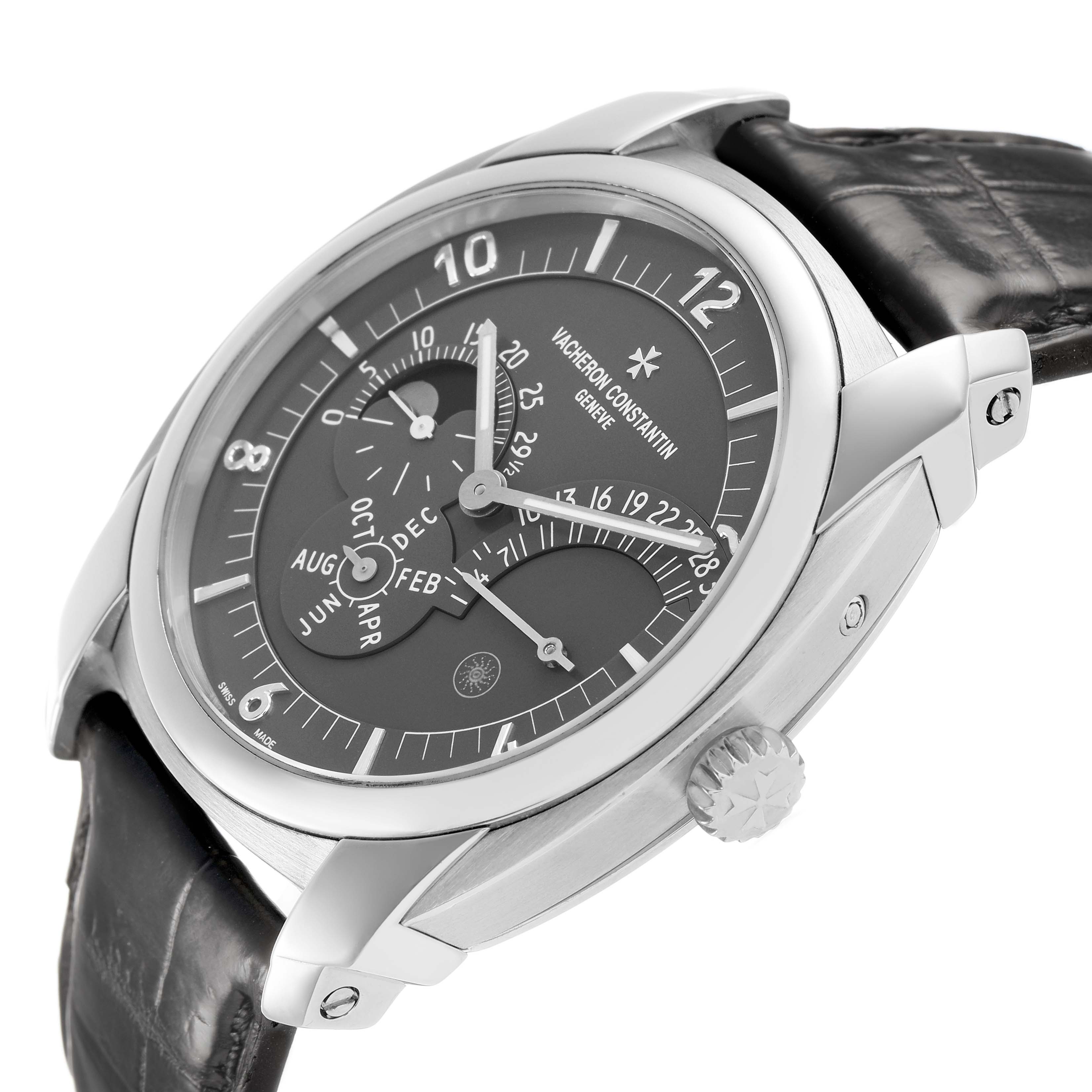 The Vacheron Constantin Quai de L’Ile watch is shown from a three-quarter angle, highlighting the dial, case, and crown.