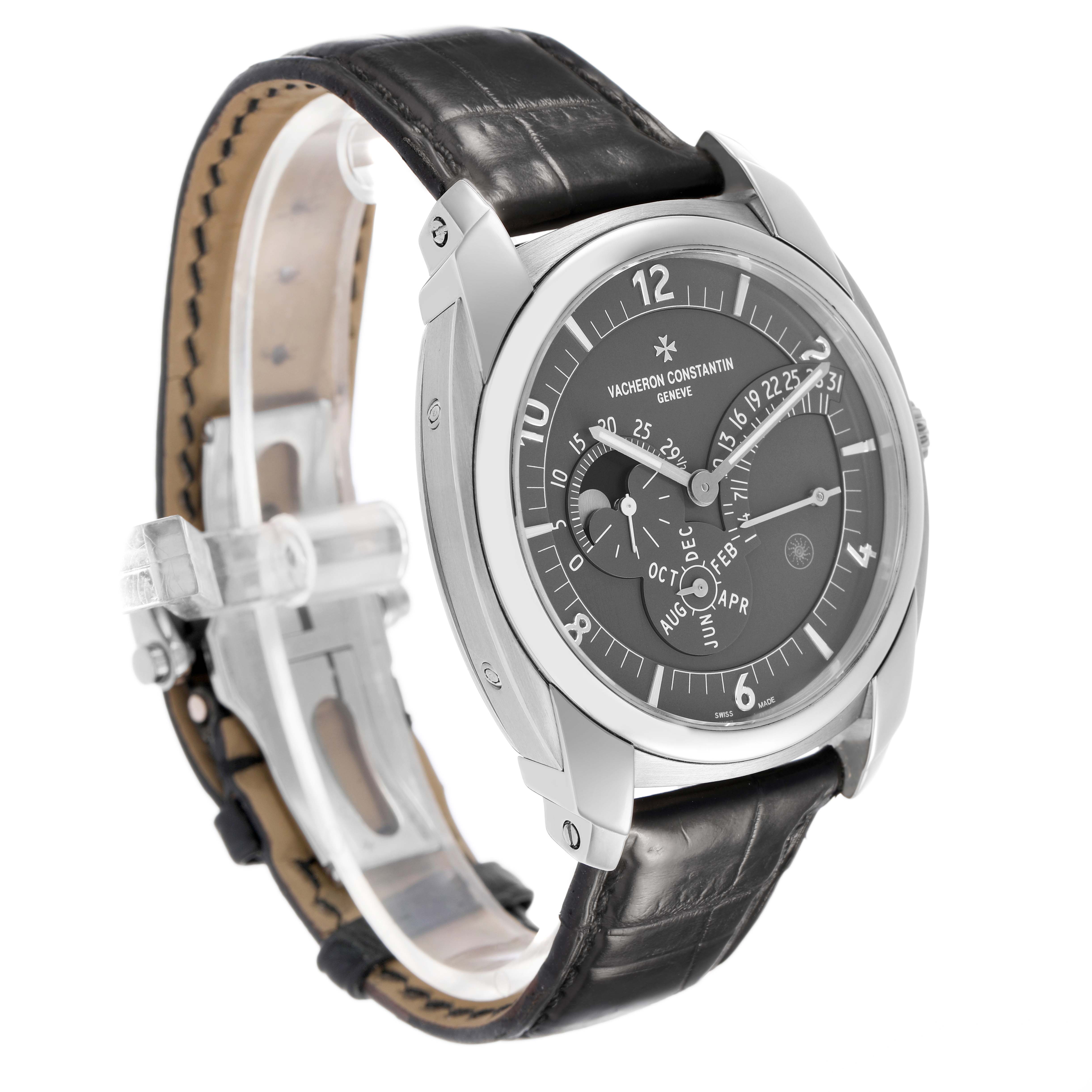 The Vacheron Constantin Quai de L'Ile watch is shown at a three-quarter angle, displaying its face, case, and leather strap.