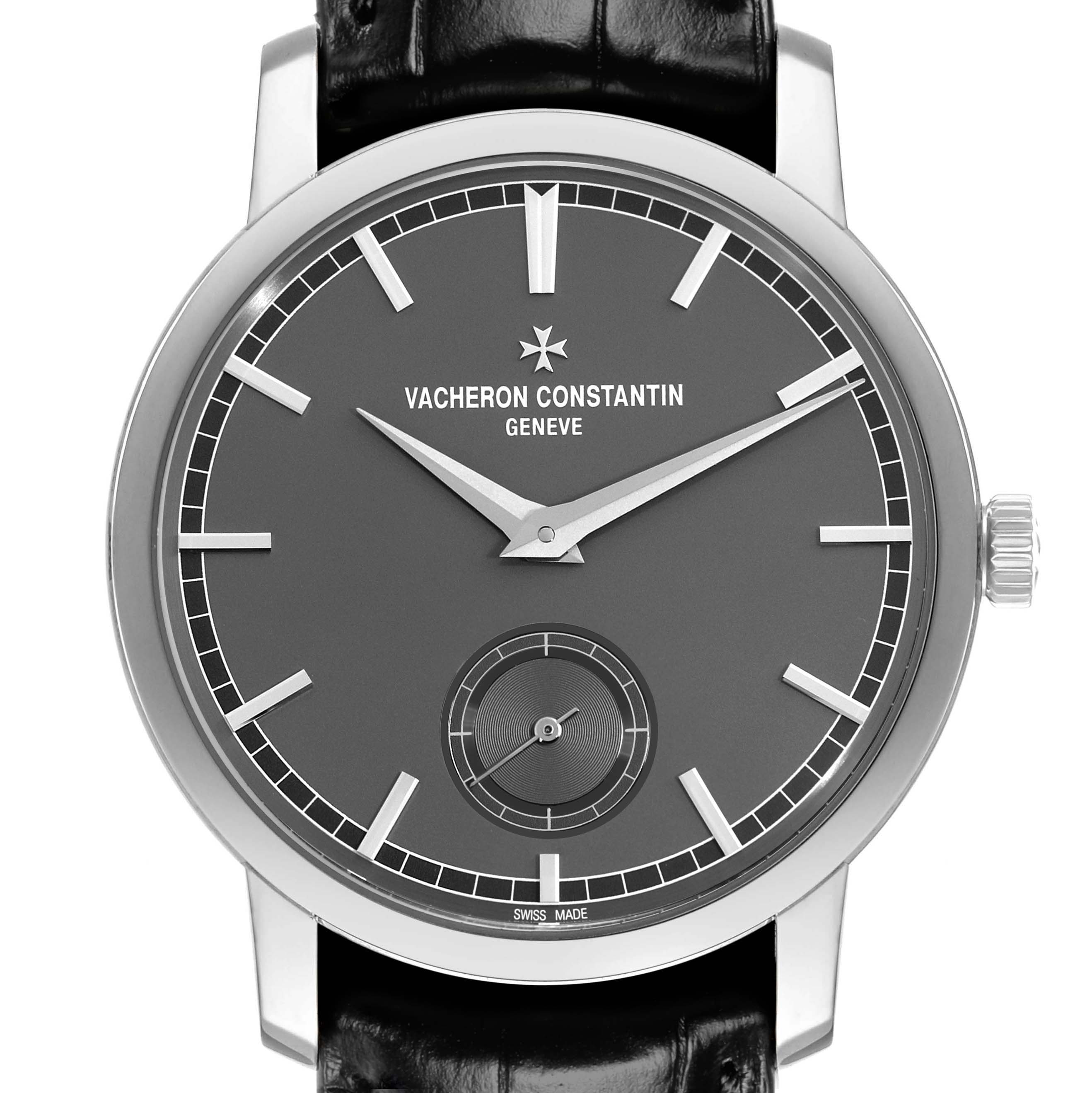 The Vacheron Constantin Traditionnelle 82172 Men
s Platinum Grey Dial watch is shown from a front angle, highlighting the dial, hands, and crown.