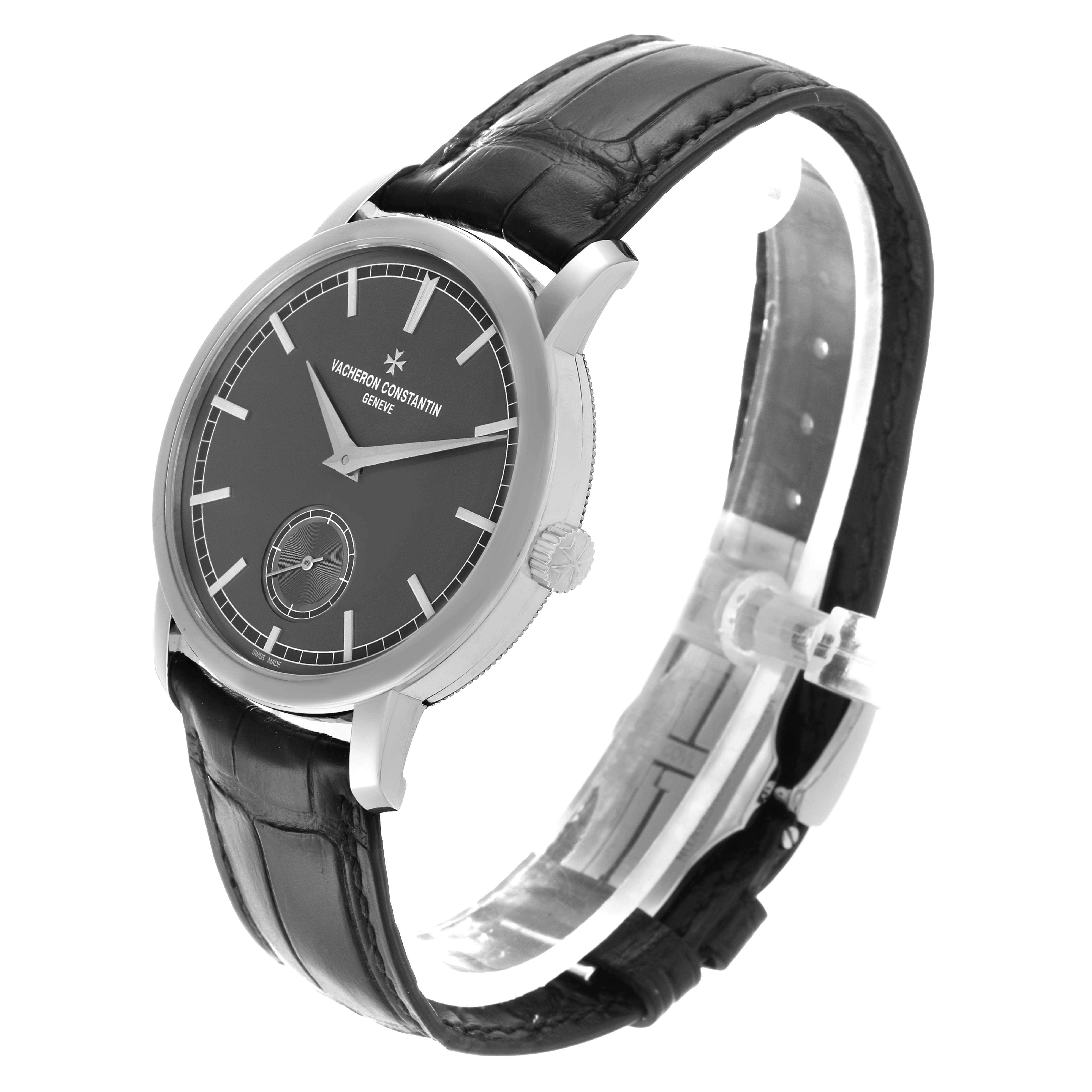 The Vacheron Constantin Traditionnelle 82172 Men
s Platinum Grey Dial watch is shown at a side angle, highlighting the dial, crown, and leather strap.