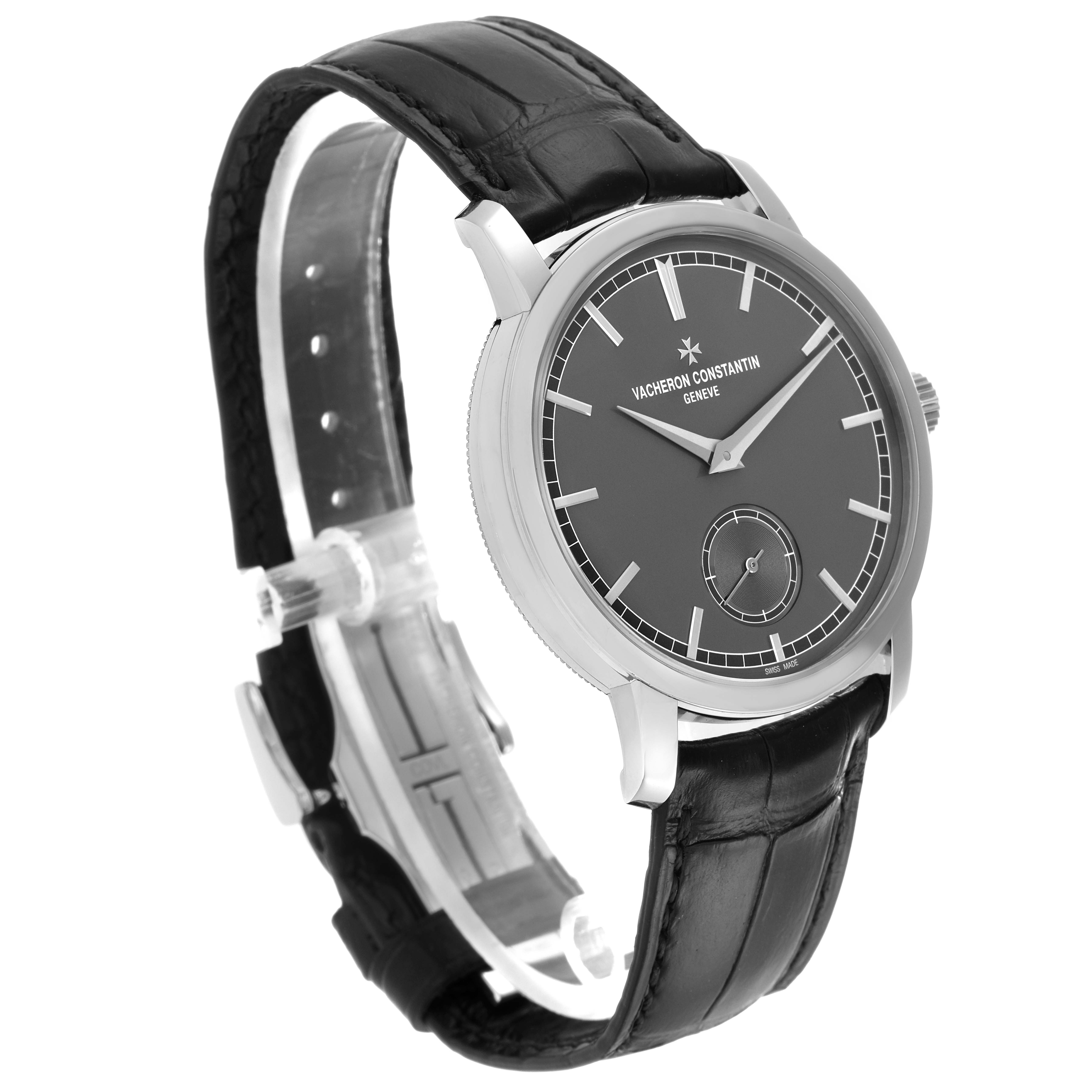 The Vacheron Constantin Traditionnelle 82172 Men
s Platinum Grey Dial watch is shown at a three-quarter angle, highlighting the dial, case, and leather strap.