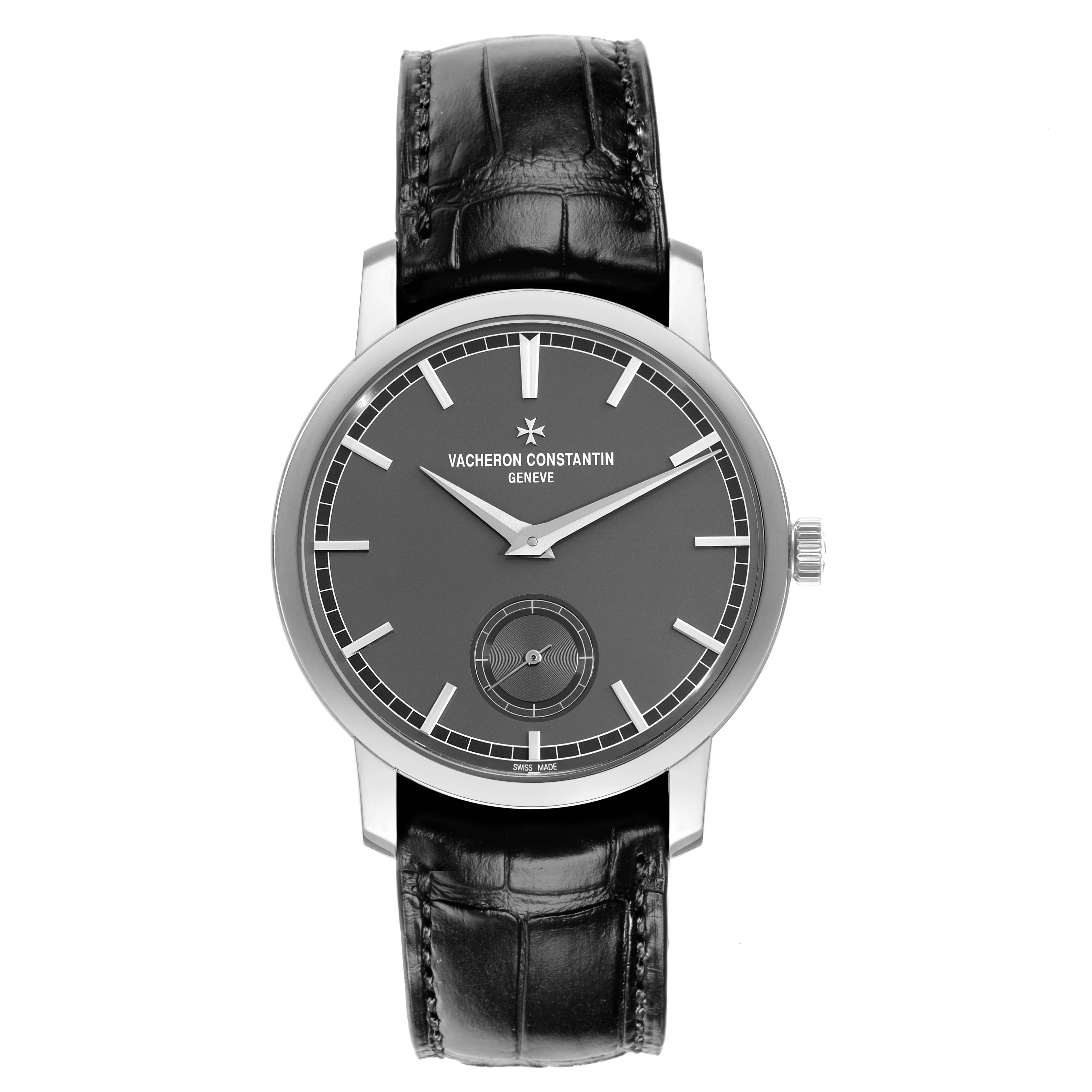 The Vacheron Constantin Traditionnelle 82172 Men
s Platinum Grey Dial watch is shown from the front, highlighting the dial, case, and leather strap.